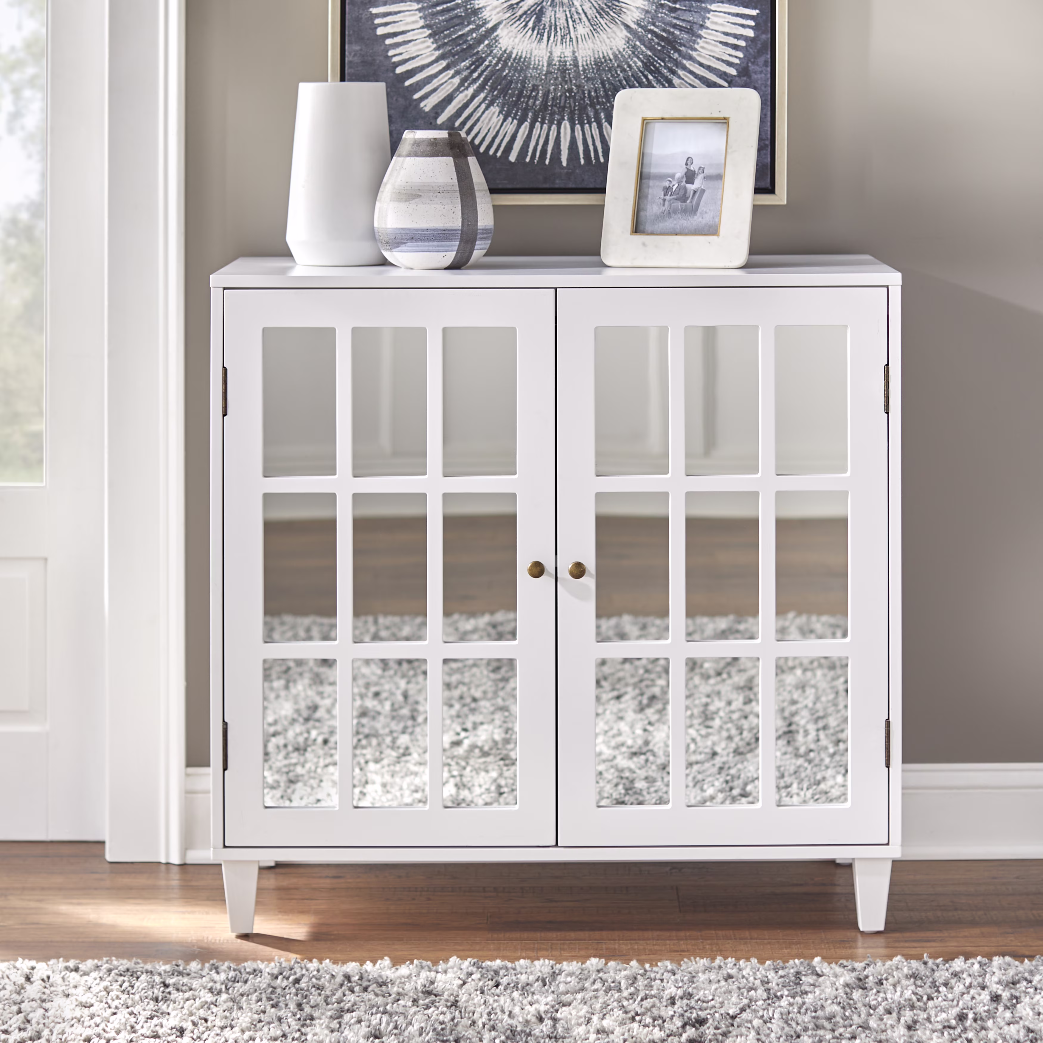 TMS Alonzo Farmhouse Mirrored Door Sideboard, 35.5” wide x 34” high, White