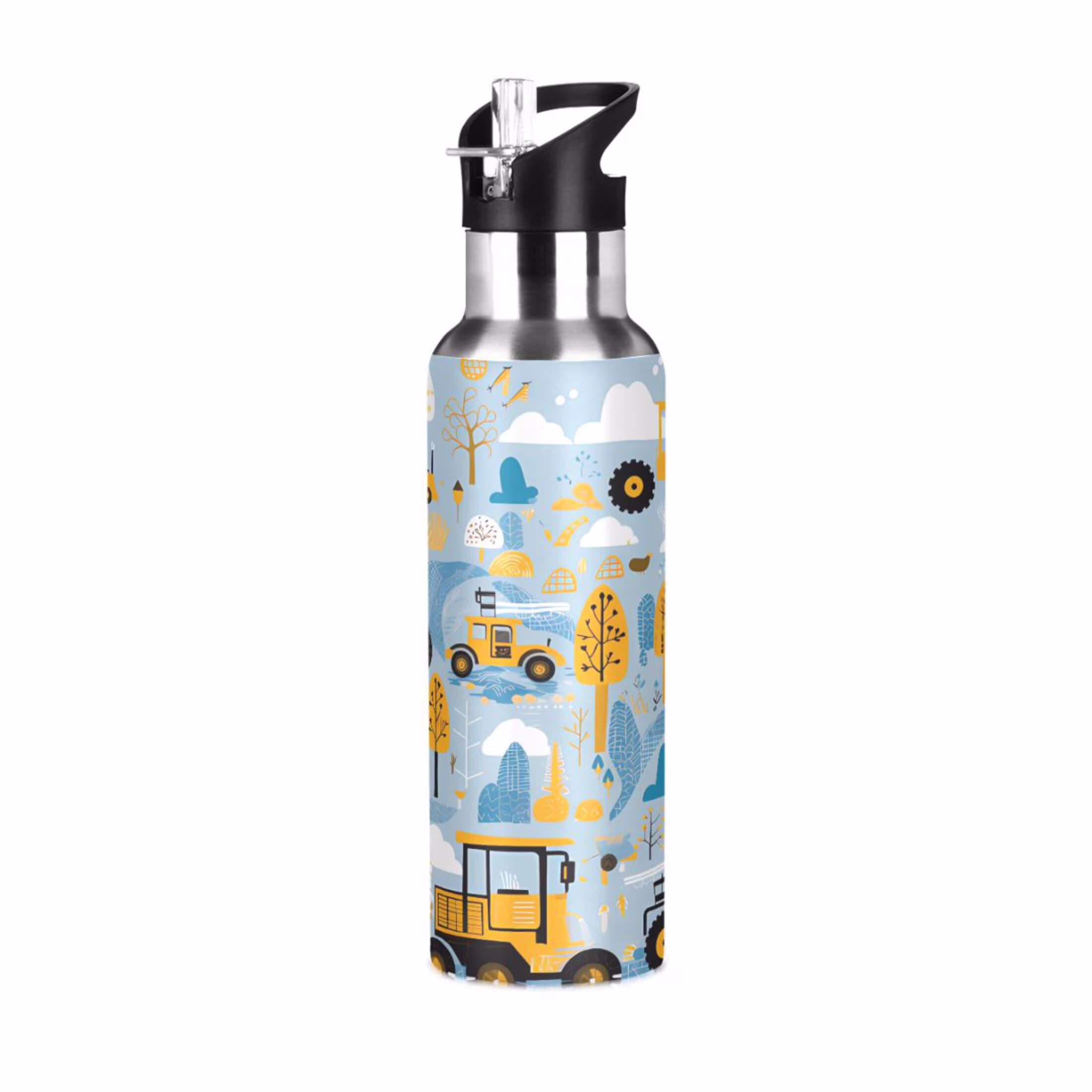 Water Bottle with Straw Lid Leak Cartoon Truck Excavator Stainless Steel Insulated Thermos Vacuum Flask for Cold Hot Drinking for Sports Camping Gym Yoga