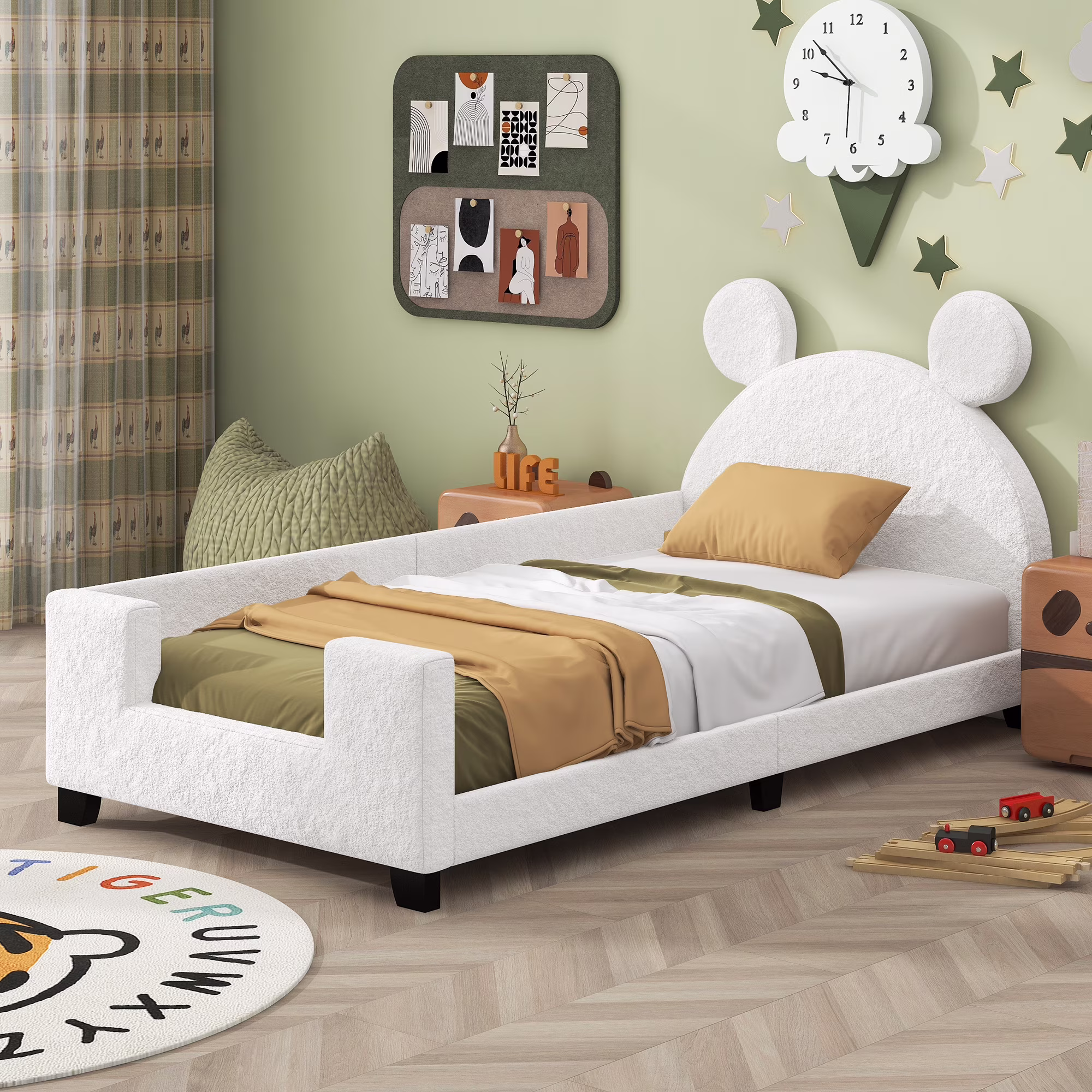 Teddy Fleece Twin Size Upholstered Platform Bed with Carton Ears Shaped Headboard, Upholstered Platform Bed Frame with Headboard, Easy to Assemble(White, Twin)