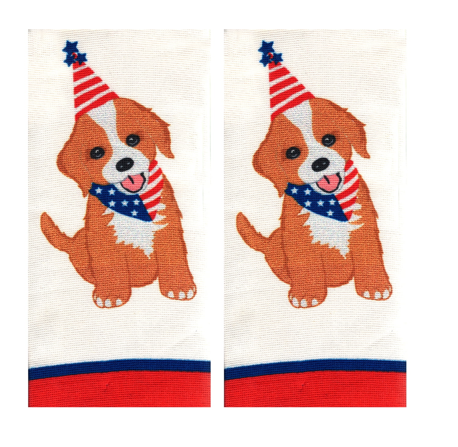 Patriotic  Dual Kitchen Towel Set, 2 Piece,  Red White Blue Puppy Design, Absorbent Cotton Terry, 16 x 26 inch