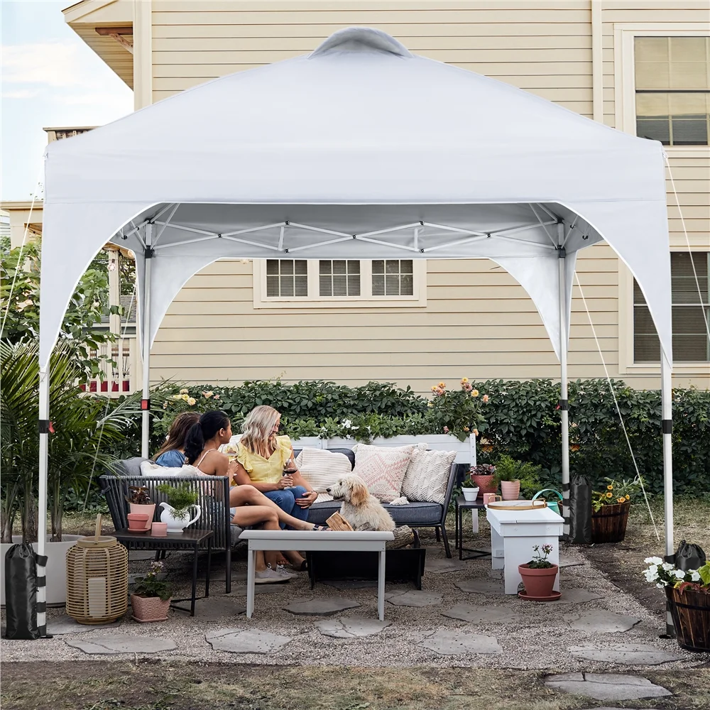Topeakmart 10 × 10 ft Portable Pop-Up Canopy Tent with 17 Solar LED Lights Sandbags & Rolling Storage Bag for Home & Commercial Use, White
