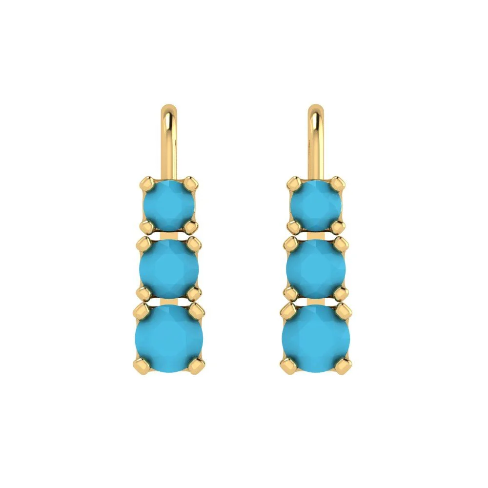 1.06 ct Brilliant Round Cut Drop Dangle Simulated Turquoise 18K Yellow Gold Earrings Lever Back