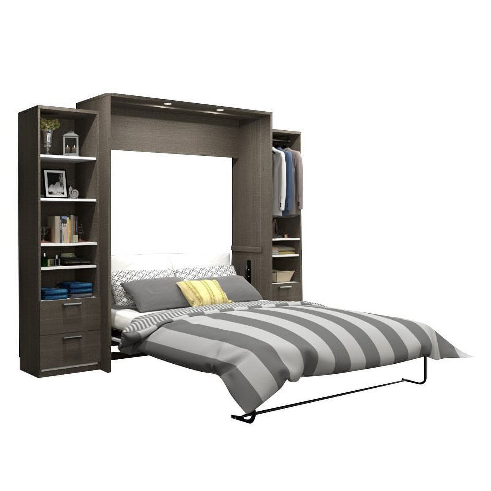 Atlin Designs Wood Queen Murphy Bed and Narrow Storage in Bark Gray/White