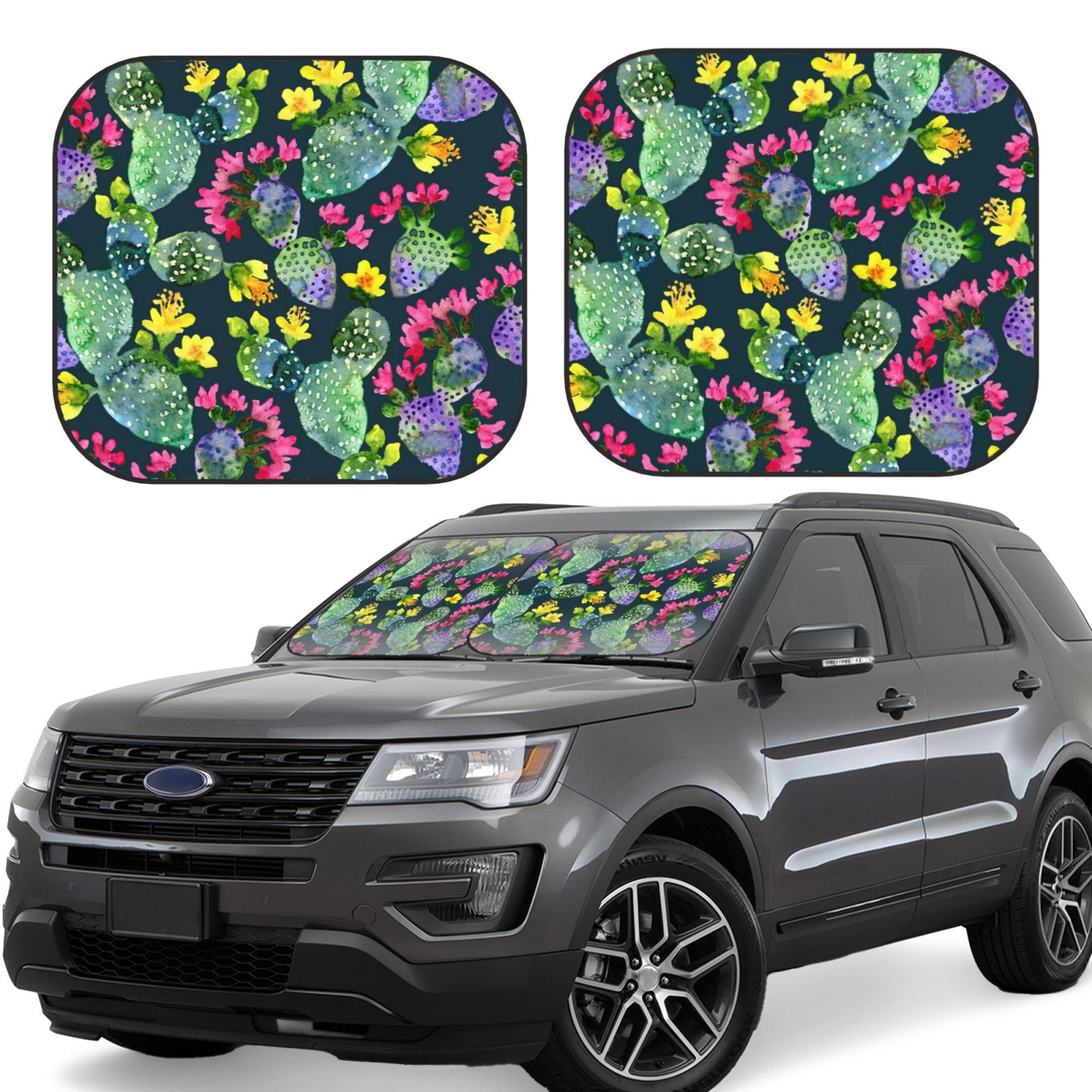 Lukts Watercolor Cactuses Print 2 Piece Car Sun Shade Windshield,Foldable Car Shade Front Windshield With Keeps Your Vehicle Cool, For Most Sedans Suv And Trucks - Small