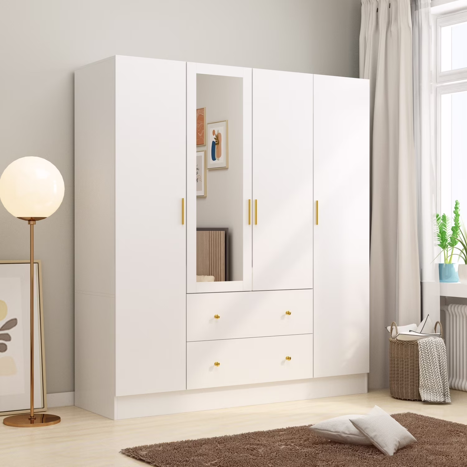 FUFU&GAGA 4 Door Wardrobe Large Storage Cabinet Armoire with Mirror and 2 Drawer White