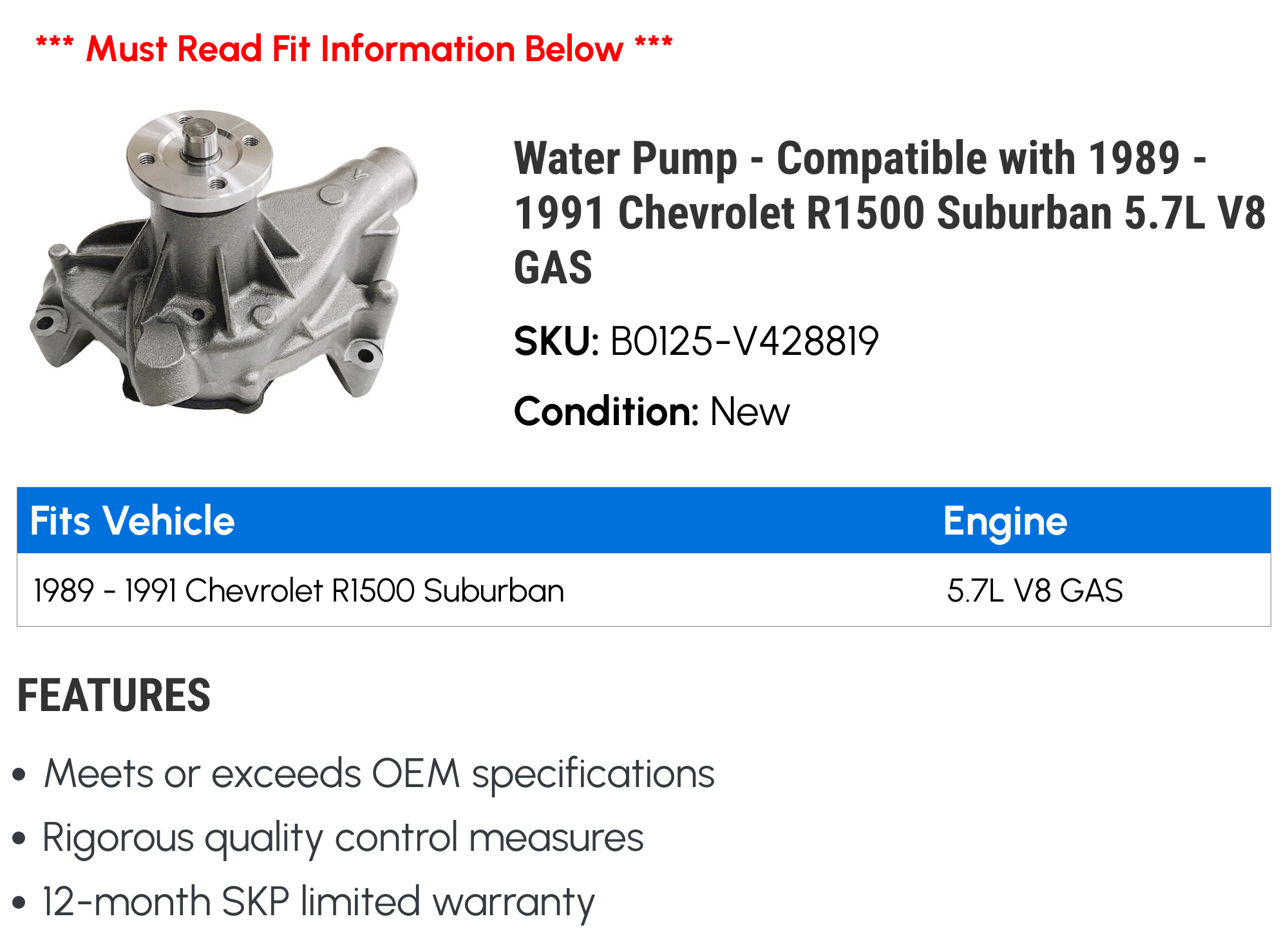 Water Pump - Compatible with 1989 - 1991 Chevy R1500 Suburban 5.7L V8 GAS 1990
