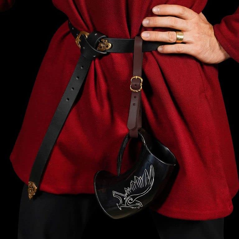 Mythrojan Viking Drinking Tankard with Medieval Buckle Leather Strap Wine Beer Mead Mug 800 ML - Polished Finish