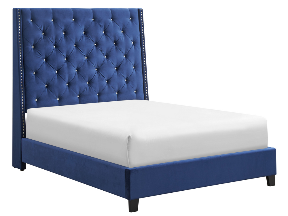 Elegant Contemporary Upholstered 1Pc Queen Bed Button Tufted Headboard Demi-Wings Royal Blue Bedroom Furniture