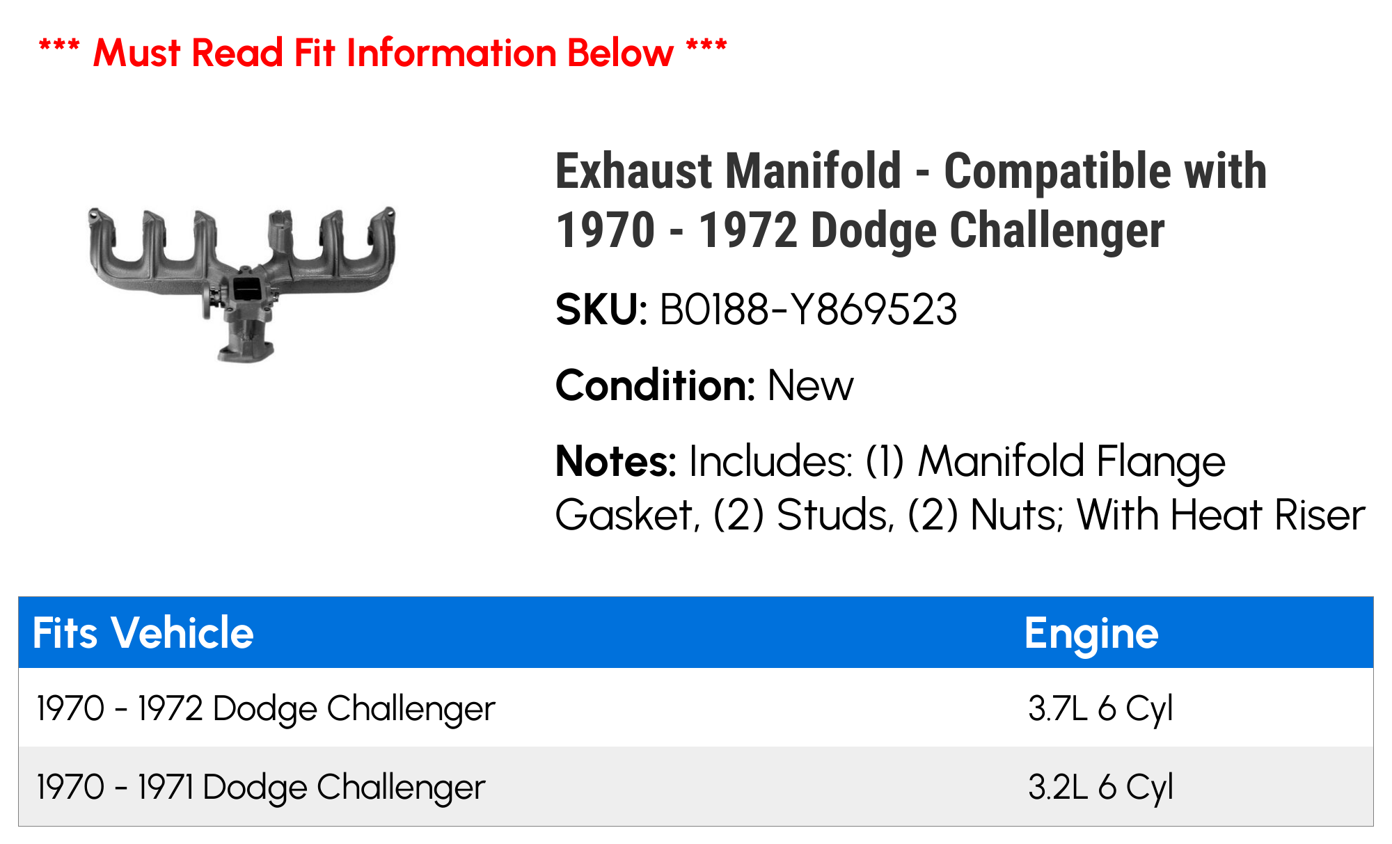 Exhaust Manifold - Compatible with 1970 - 1972 Dodge Challenger 1971