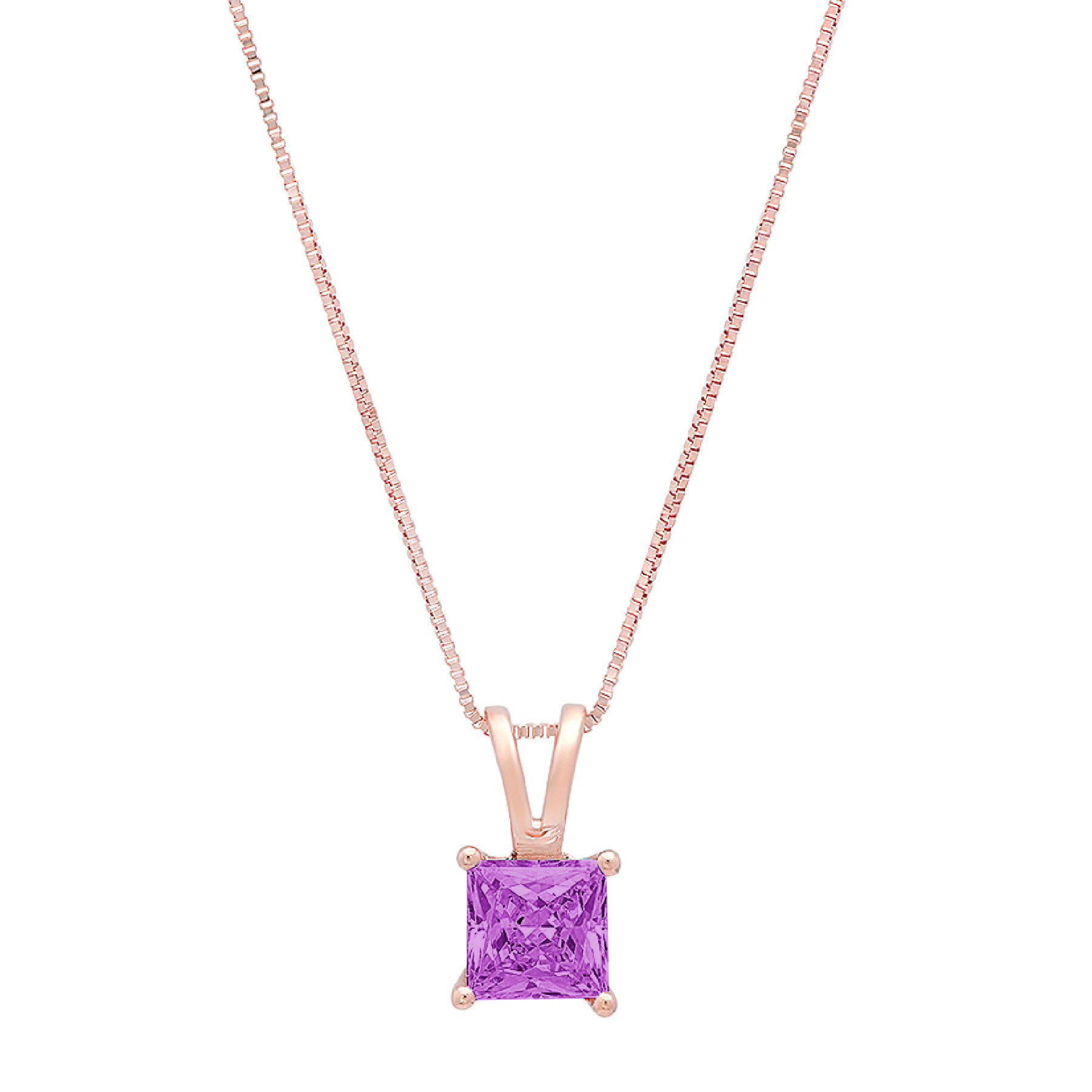 2.0 ct Brilliant Princess Cut Solitaire Simulated Alexandrite 18K Rose Gold Pendant with 16
