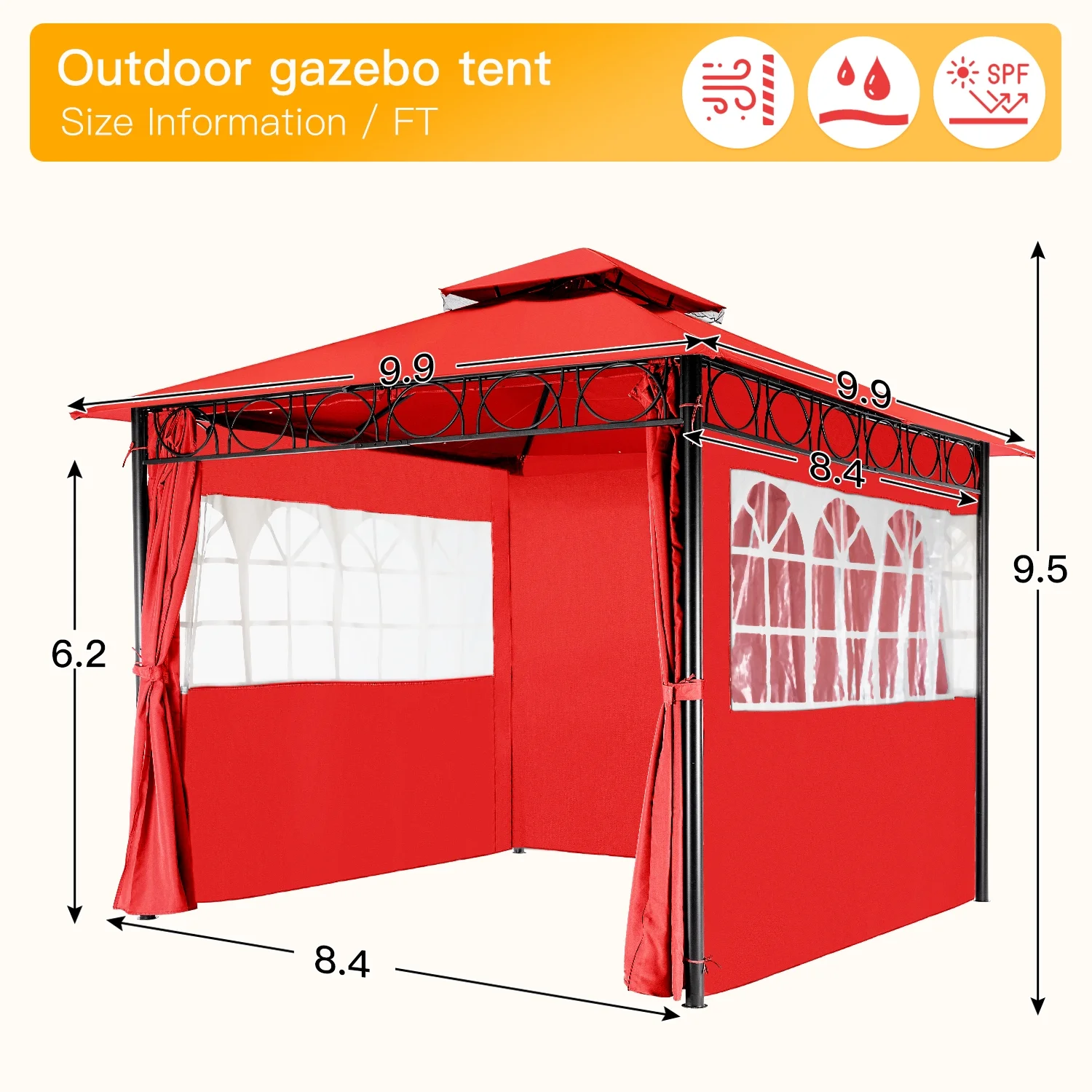 Gazebo for Patio Outdoor Gazebo Canopy UV Protection Canopy Tent for Party Patio BBQ (10'x10', Red)