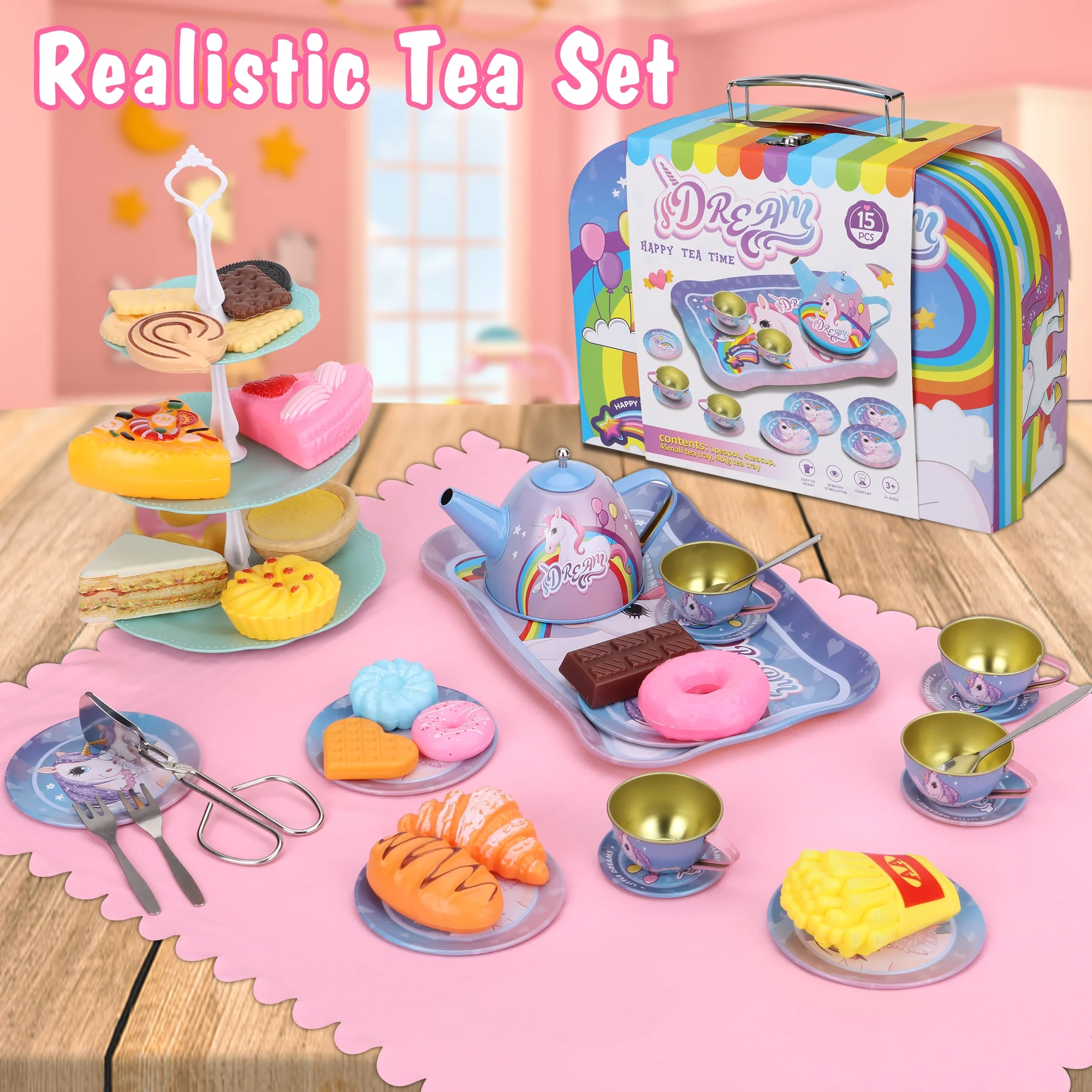KingShop Tea Set for Little Girls Boys Tea Party Pretend Play Kitchen Set Accessories Plastic Tea Cups Dishes Play Food Play Set for Toddlers Kids