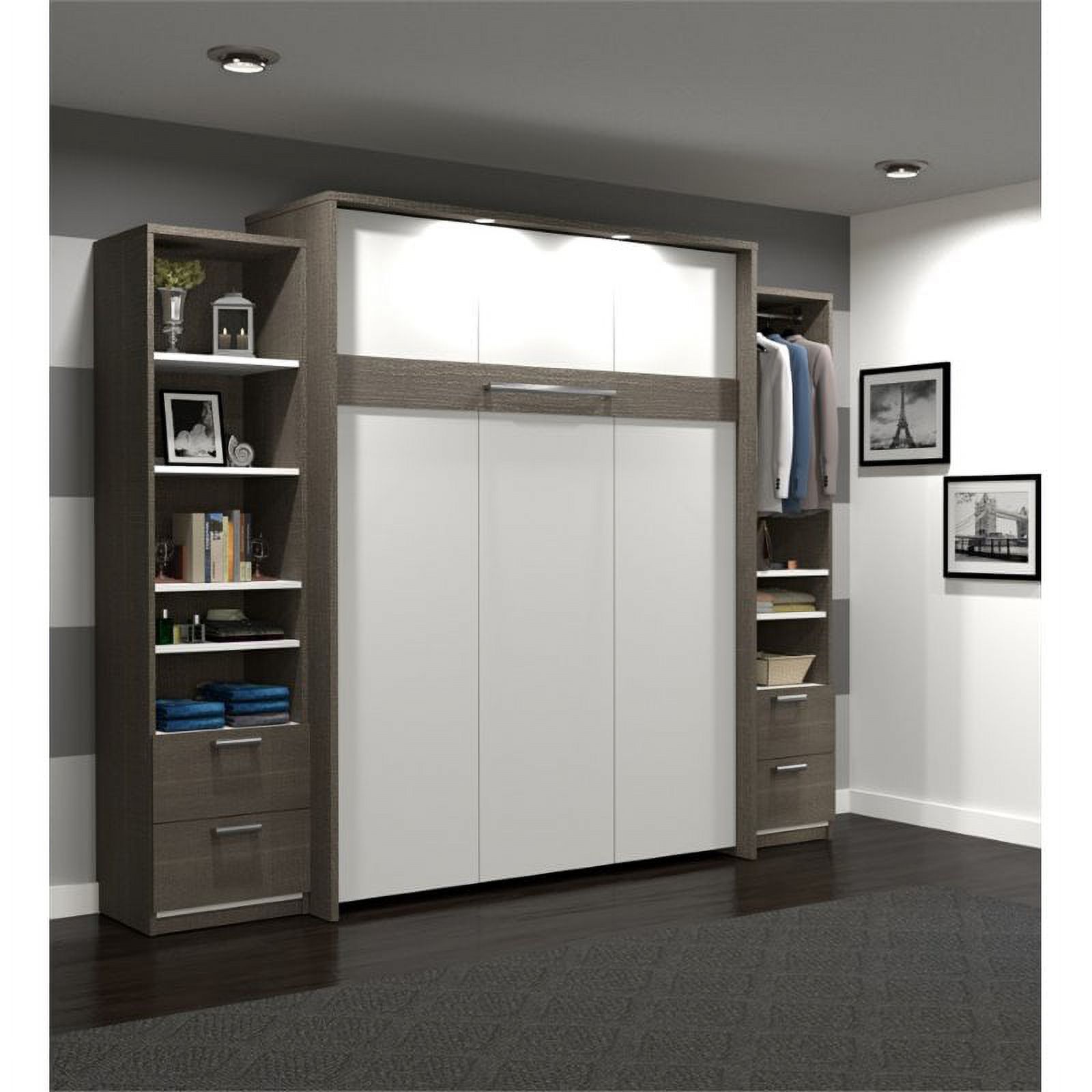 Atlin Designs Wood Queen Murphy Bed and Narrow Storage in Bark Gray/White