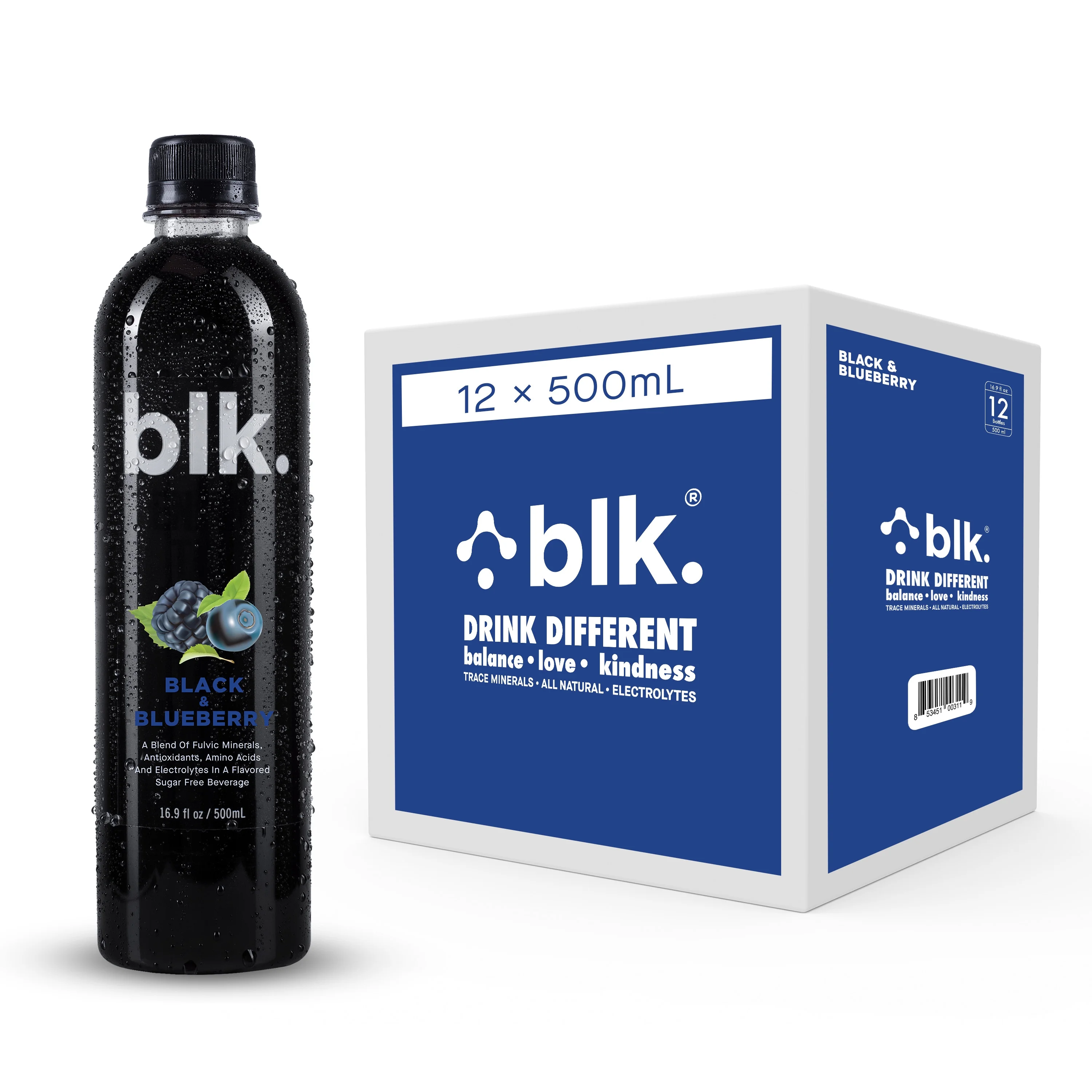 blk. Black & Blueberry Fulvic Enriched Water, Flavored Mineral Bottled Water 16.9oz / 500ml (12 Pack)