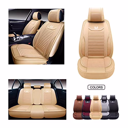 OASIS AUTO Leather&Fabric Car Seat Covers, Faux Leatherette Automotive Vehicle Cushion Cover for Cars SUV Pick-up Truck Universal Fit Set Auto Interior Accessories (OS-008 Full Set, TAN)