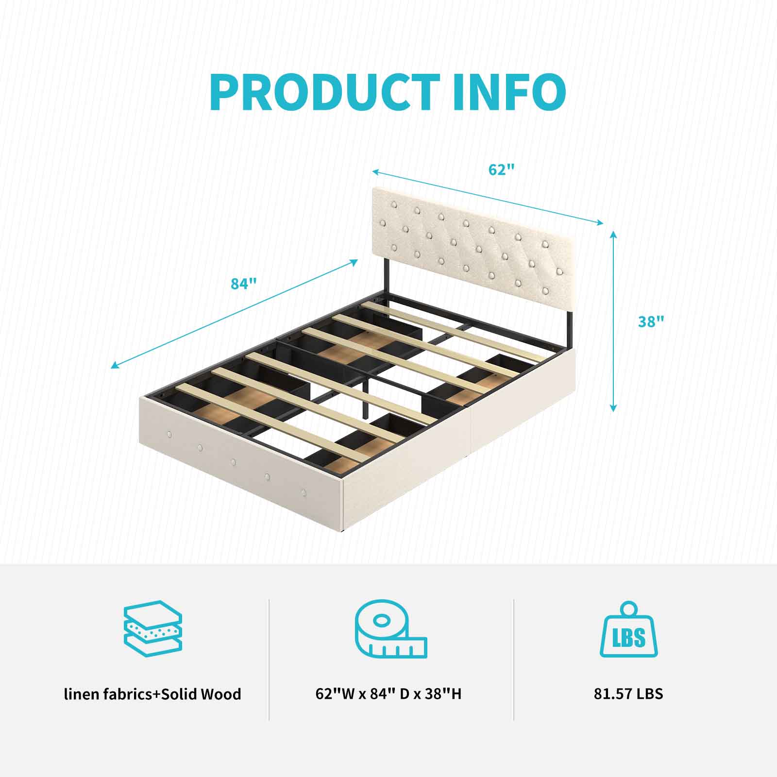 CECER Queen Size Bed Frame, Bed Frame with 4 Built-in Storage Drawers & Adjustable Headboard, Button Tufted Design- Beige