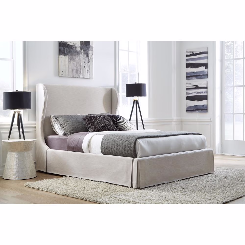 Modus Furniture Hera Upholstered Skirted Panel Bed in Oatmeal