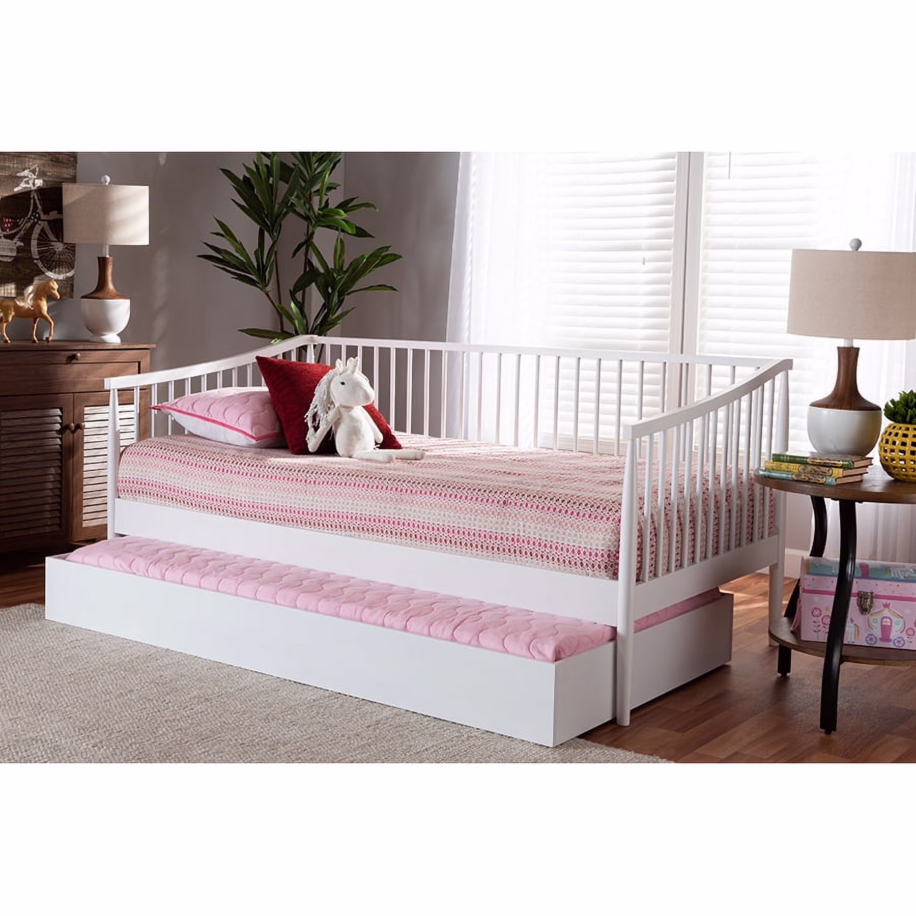 Baxton Studio Renata Classic and Traditional White Finished Wood Twin Size Spindle Daybed with Trundle