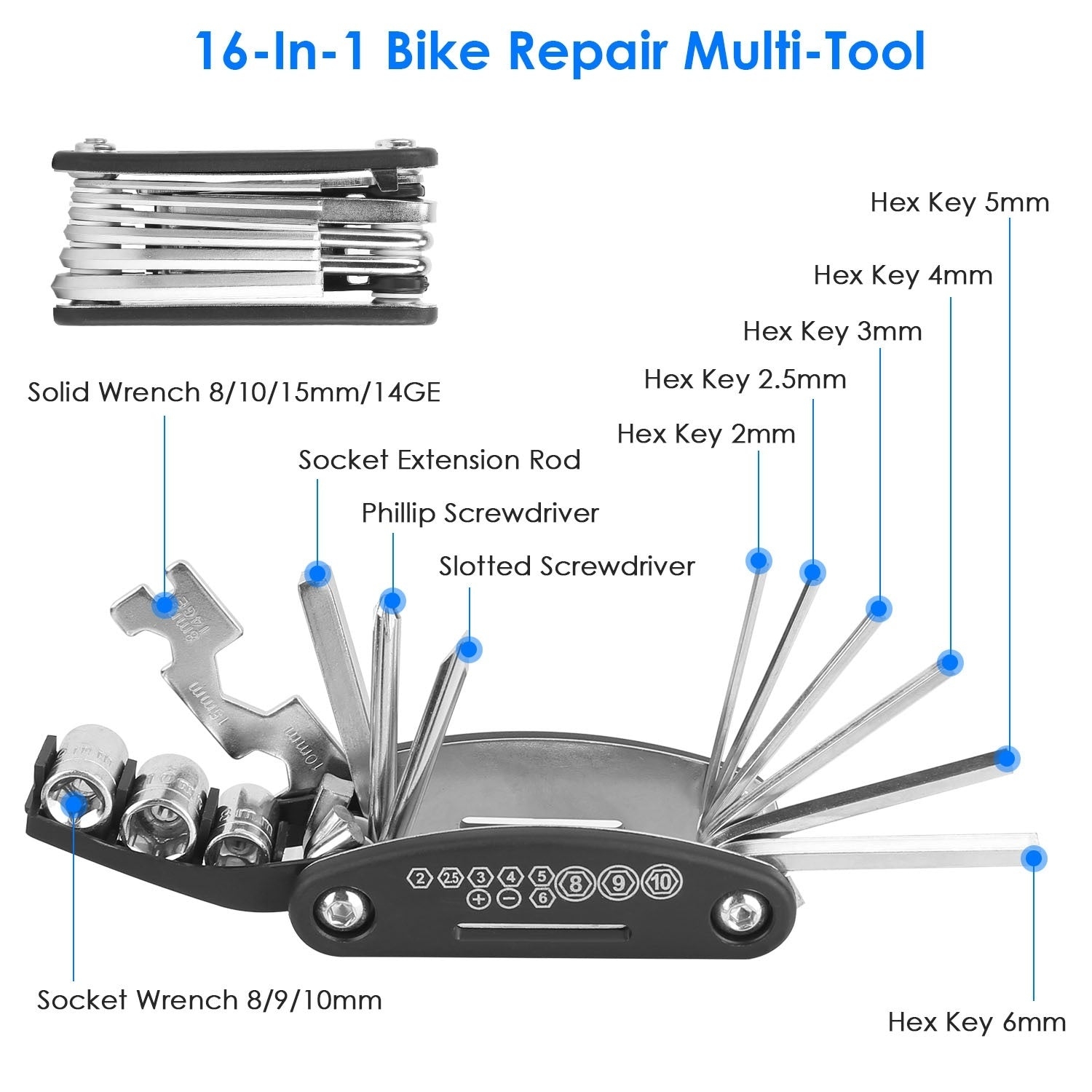 Bicycle Tyre Repair Kit Bag Bike Tire Repair Tool Kit with 16 in 1 Tool Tire Pump Tire Patches Tyre Levers Air Nozzles