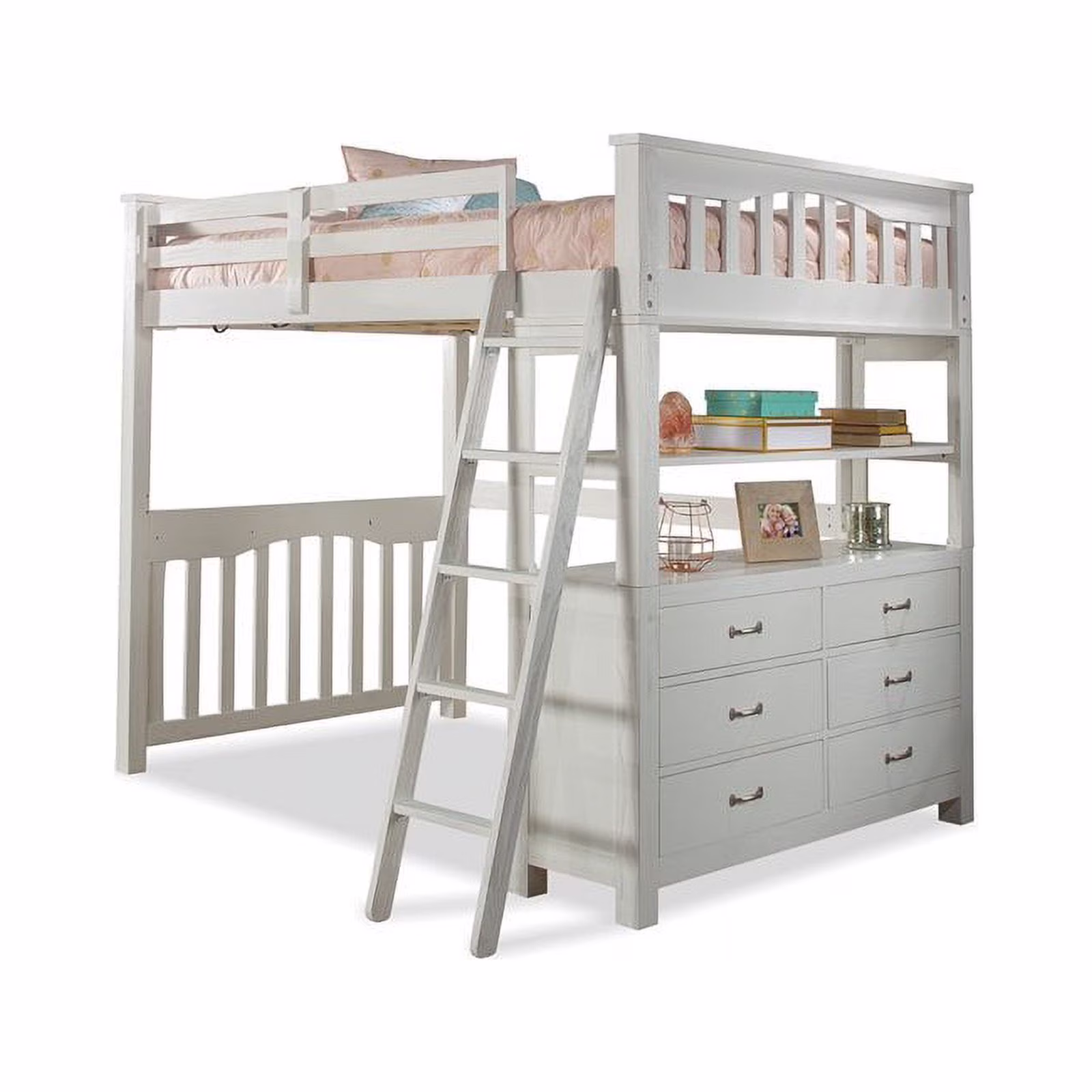 Highlands Full Loft Bed with Hanging Nightstand in White