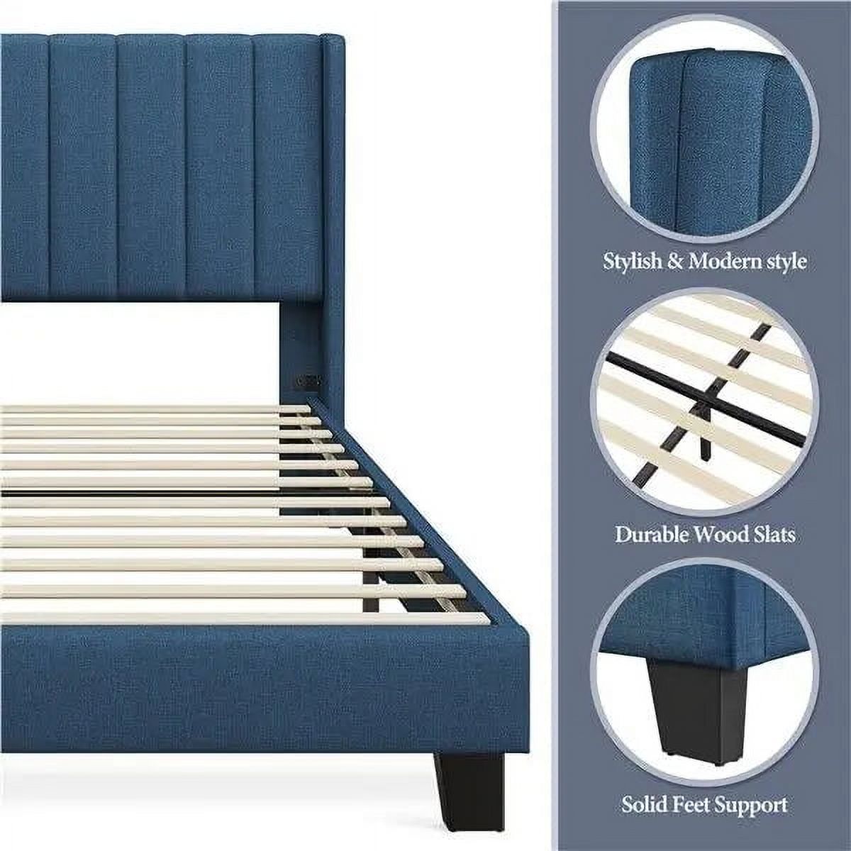 Classic Upholstered Bed Frame Mattress Foundation with Wing Edge Headboard Queen
