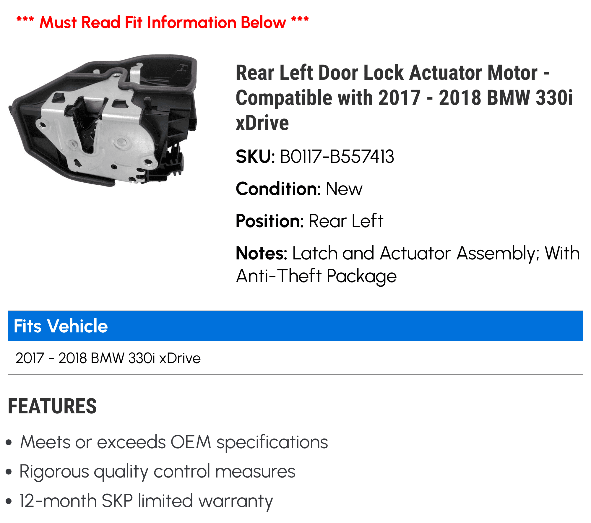 Rear Left Door Lock Actuator Motor - Compatible with 2017 - 2018 BMW 330i xDrive