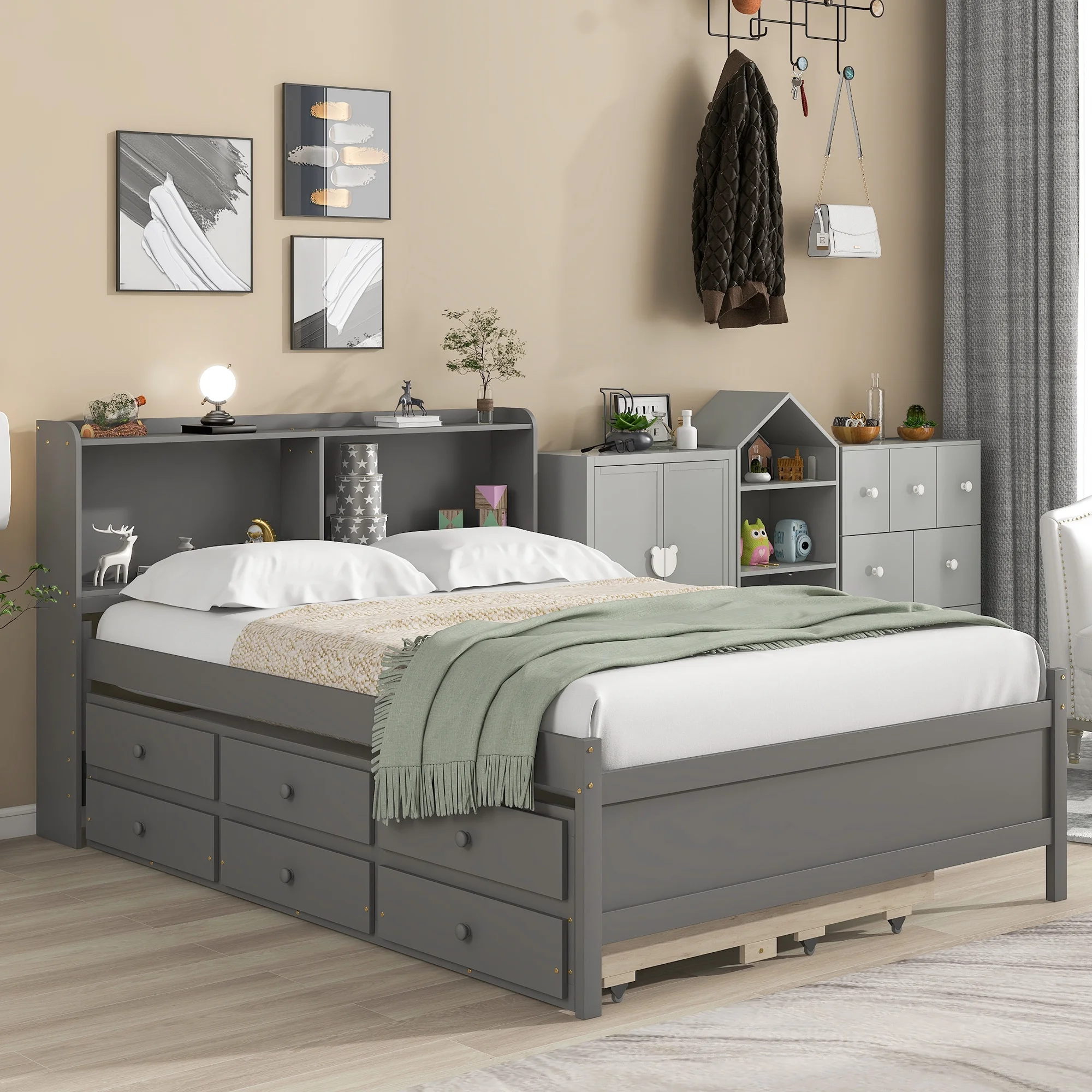 Bellemave Full Multifunctional Platform Bed with Bookkcase,Pull-Out Trundle and 3 Storage Drawers,No Box Spring Needed(Gray)