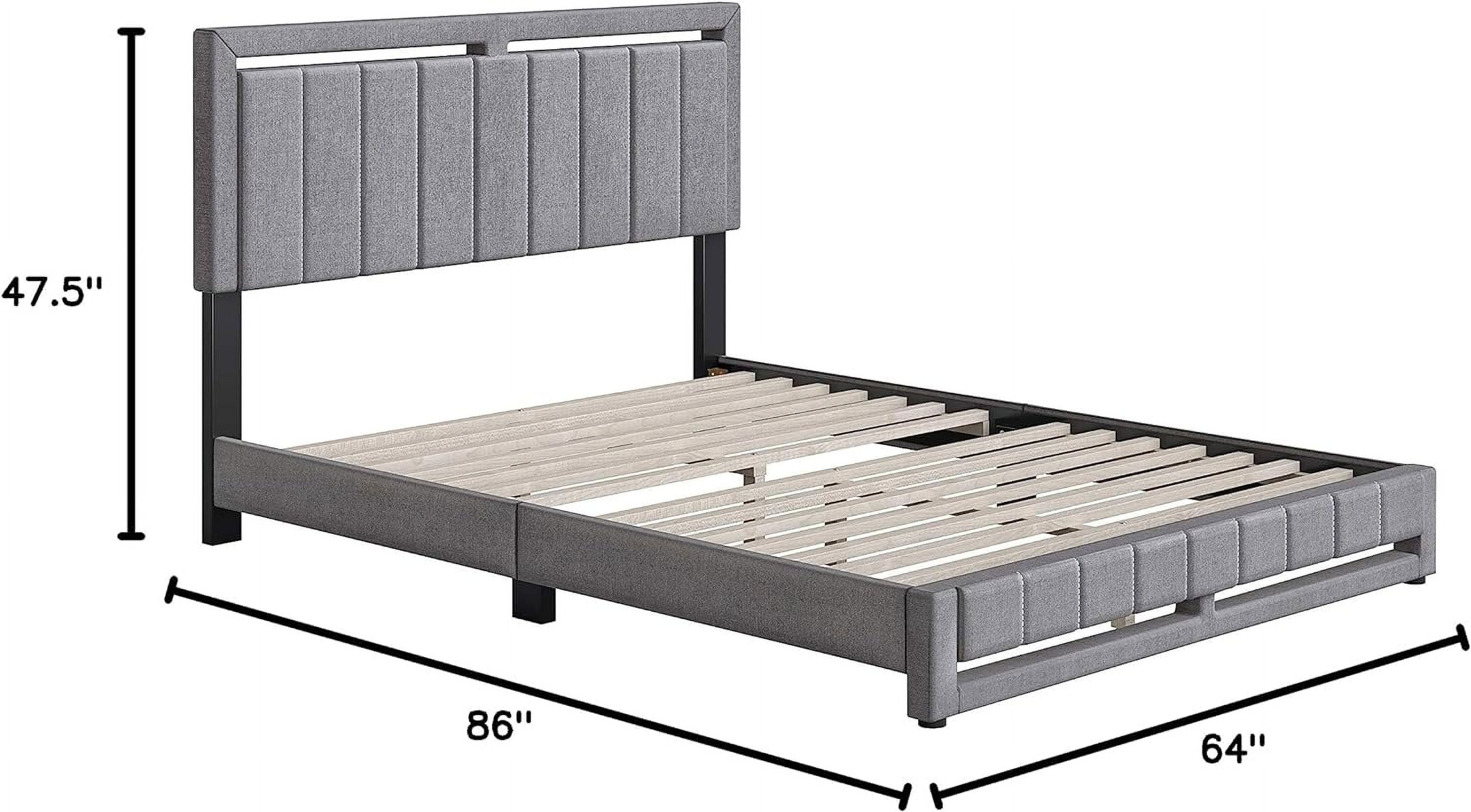 Beaumont Upholstered Platform Bed With Headboard, Mattress Foundation With Strong 14 Wood Slat Supports, No Box Spring Required, Gray Linen, Size Queen