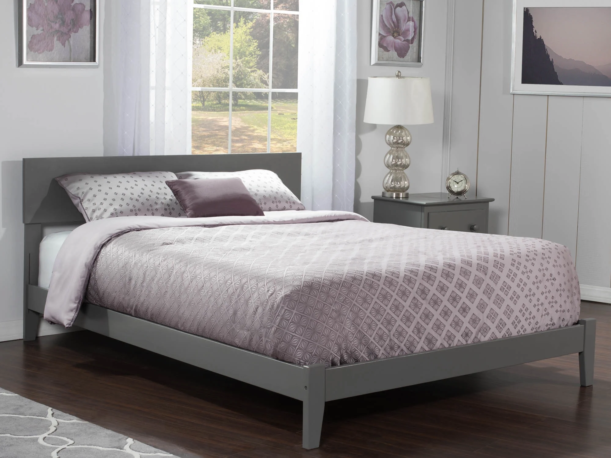 AFI Orlando Full Low Profile Wood Platform Bed Frame with Panel Headboard, Grey