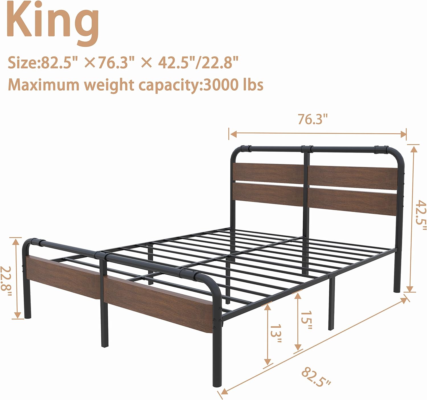 YINCHEN King-Size-Bed-Frame with Vintage-Wood - Headboard Platform Metal Slats Mattress Foundation,16 Inches High,No Box Spring Needed(Vintage Brown)