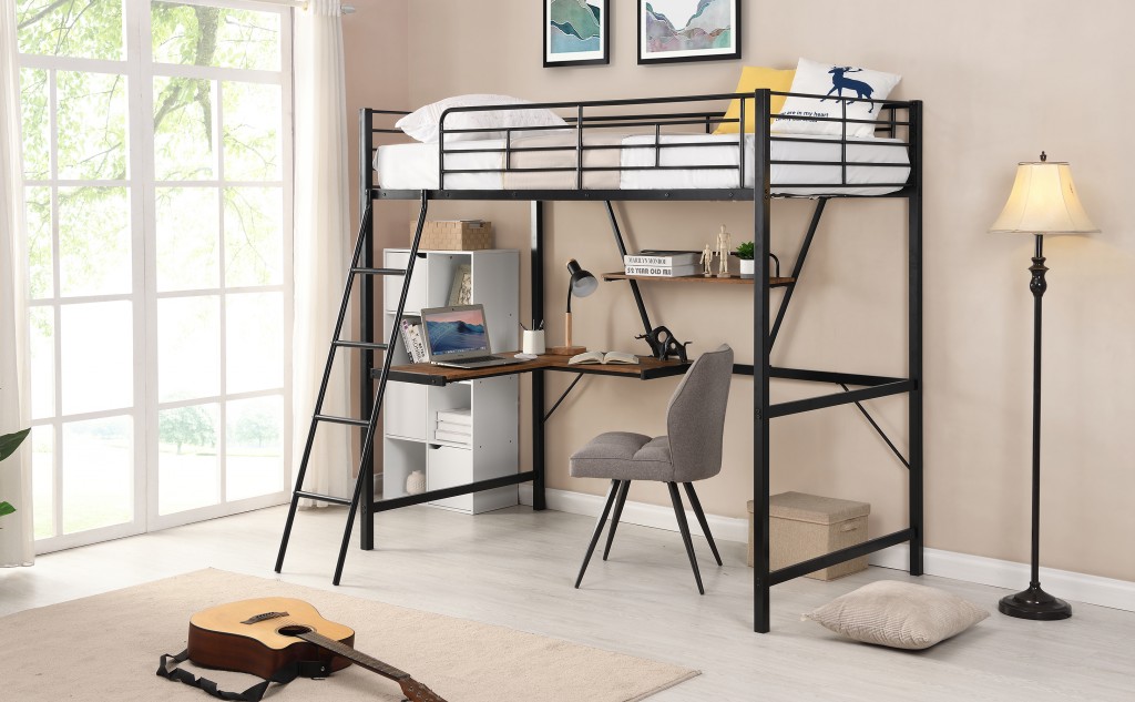 HomeRoots 404099 Black Metal Loft Bed with L Shaped Desk & Shelf