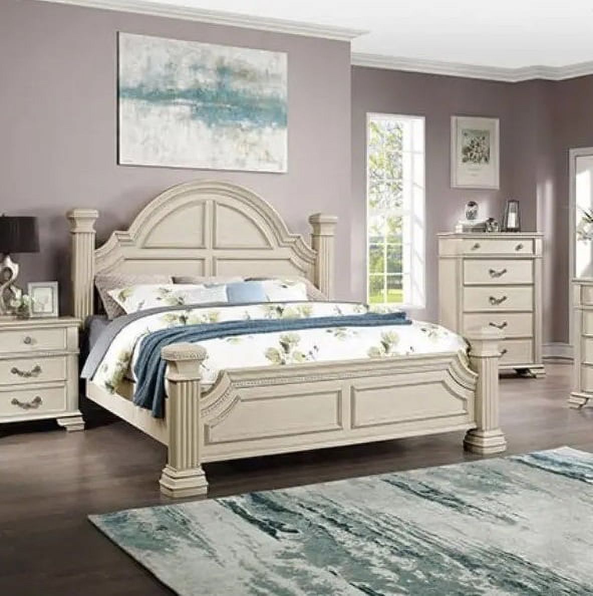 Traditional Antique White Solid wood 4pc Bedroom Set Queen Size Bed Dresser Mirror Nightstand Reeded Posts Unique Design