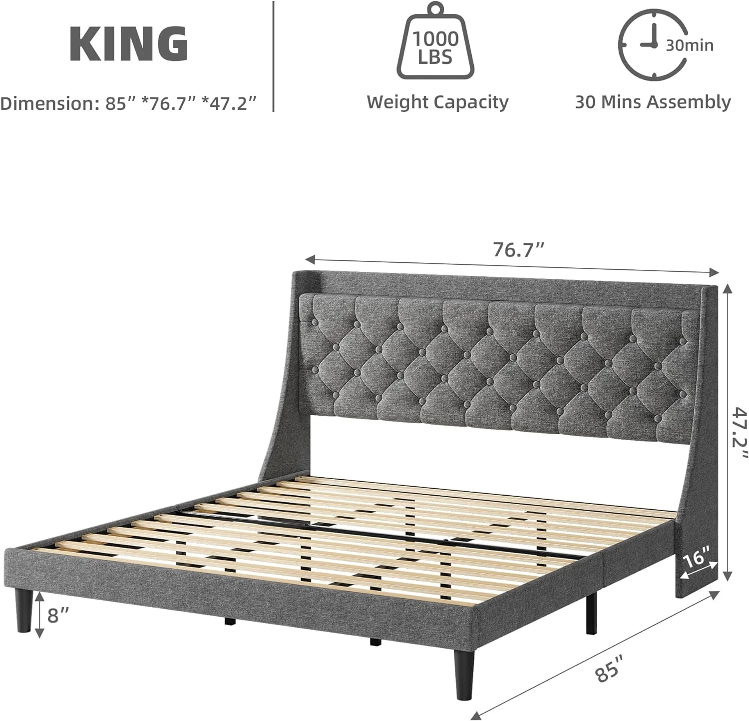 JIAH Bed Frame with Charging Ports & Storage Shelf, Upholstered Platform Bed with Wingback Headboard, No Box Spring Needed, Easy Assembly, Dark Gray