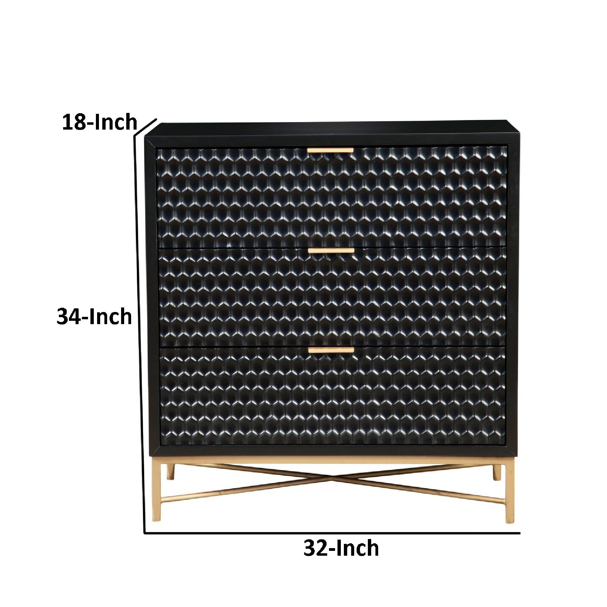 Rexi 34 Inch 3 Drawer Small Dresser Chest, Honeycomb Panels, Black, Gold