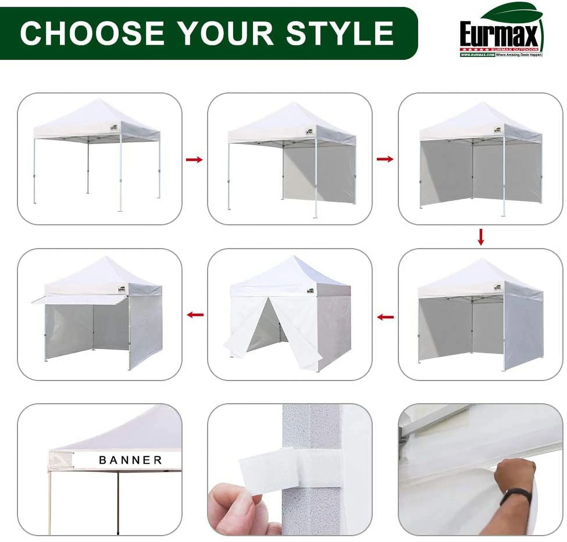 Eurmax USA 10x10 Commercial Pop-Up Canopy with 4 Zippered Sidewalls, Roller Bag, Sand Bags, and Extended Awning(Emerald)