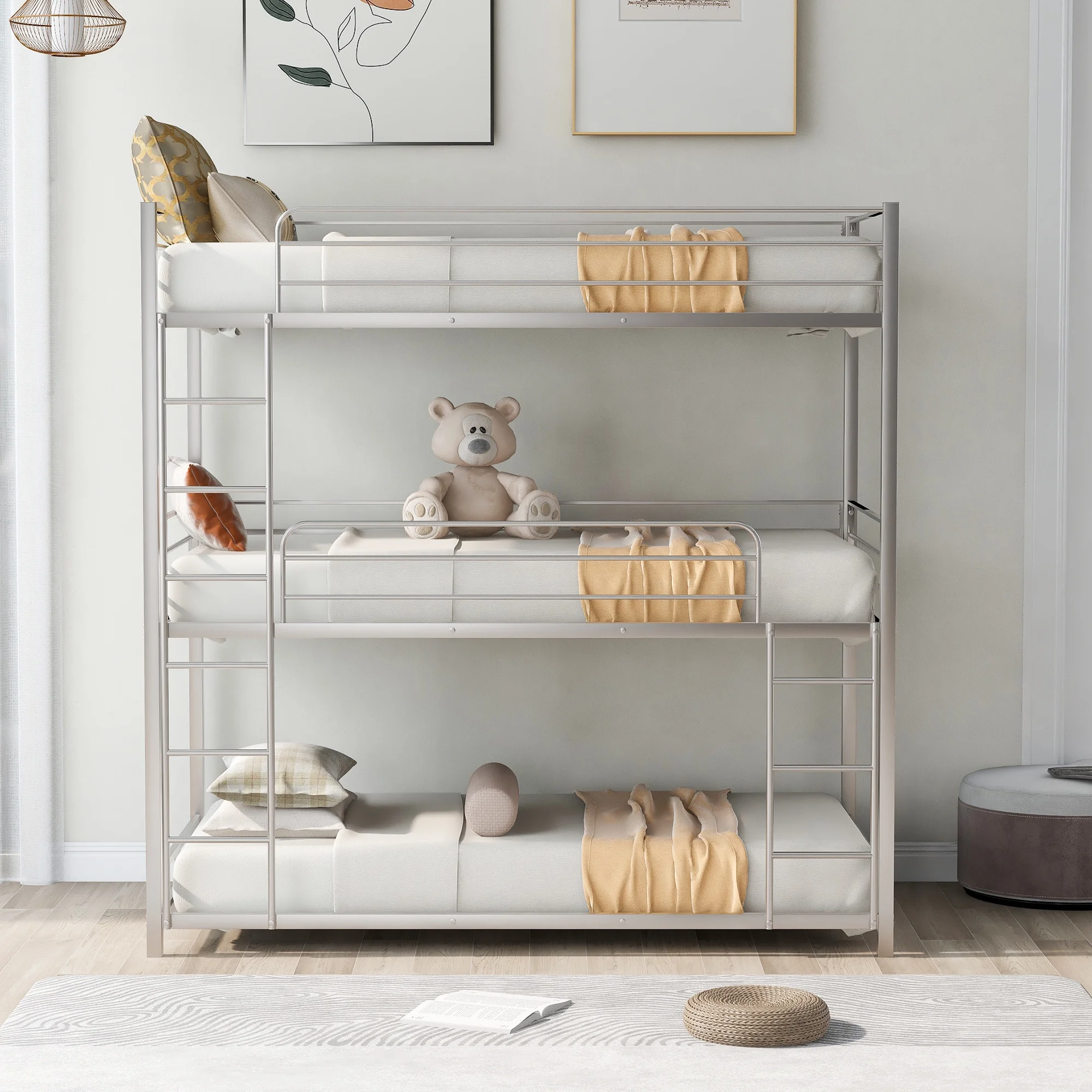 CHURANTY Metal Triple Bunk Bed Twin Over Twin Bunk Bed with Ladder and Safety Guardrail 3 Bunk Bed for Living Room Bedroom, Sliver