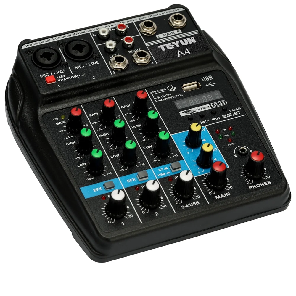 Dazzduo Sound Mixing Console,TU04 BT Sound 4 Channels Audio Sound Console 48V Power Monitor AUX Console 48V Power AUX Paths Plus Monitor AUX USB Plus 4 Channels Channels Audio USB Paths Plus 4