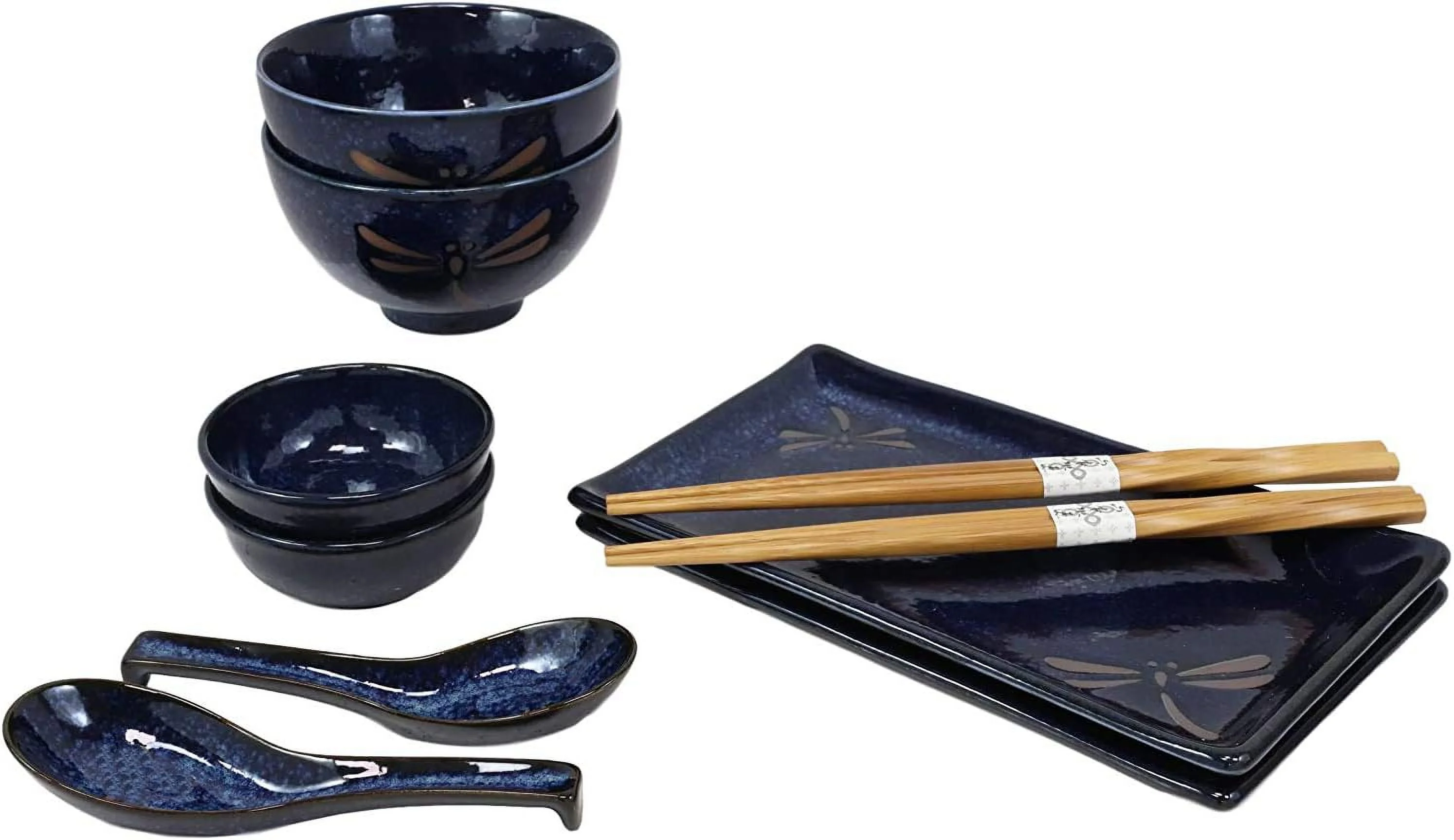 Japanese Mino Ware Tombo Dragonfly Blue Porcelain Sushi Dinnerware 10Pc Set For 2 People Pairs Of Sushi Plates Soup  Sauce Bowls Bamboo Chopsticks Asian Soup Spoons Housewarming