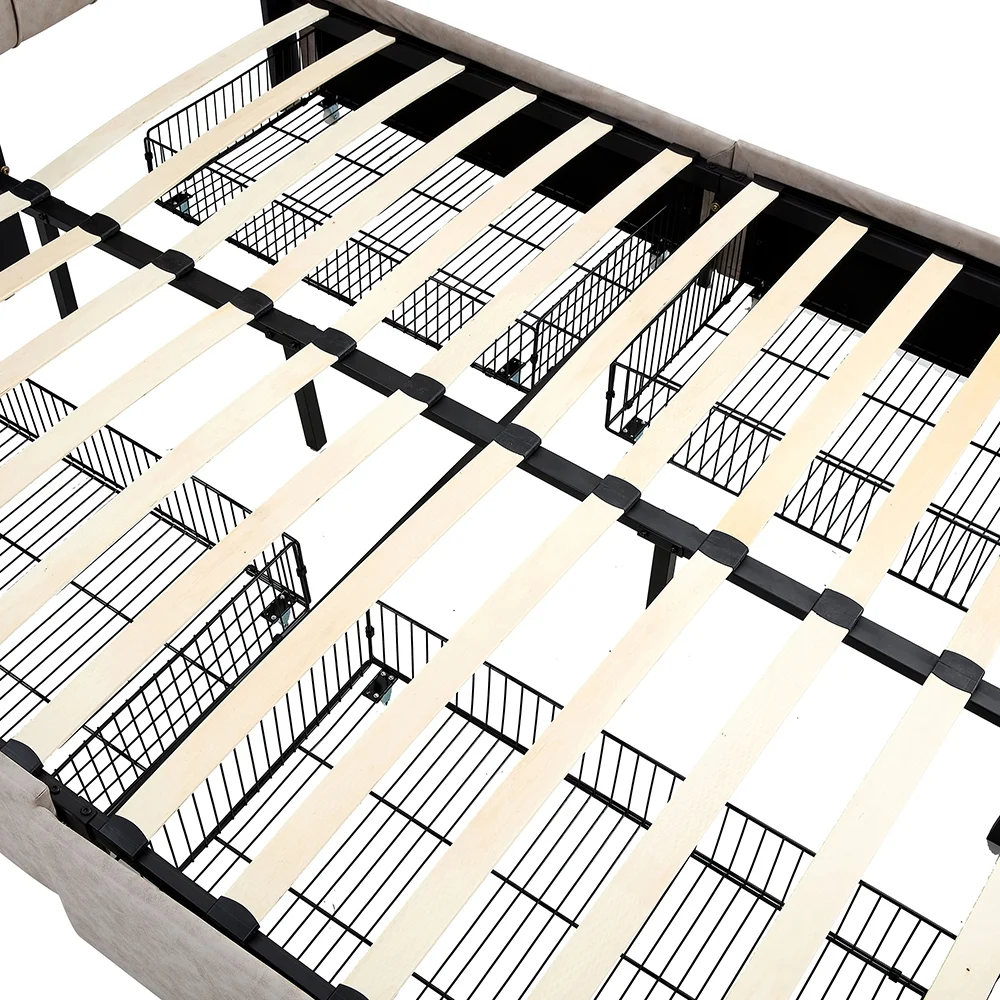 Upholstered Bed Frame with 4 Drawers and Adjustable Headboard, King Size Beige Bedstead