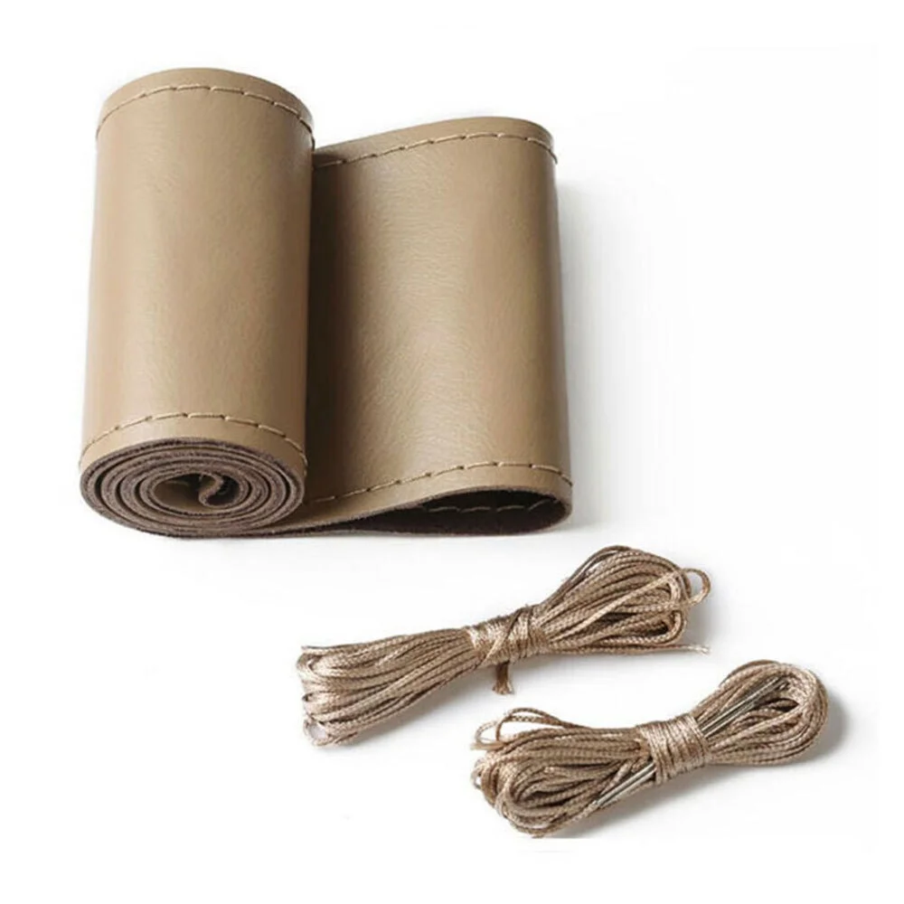 FLY5D Universal Car Steering Wheel Cover Genuine Leather Stitch on Wrap (Size m, Beige)