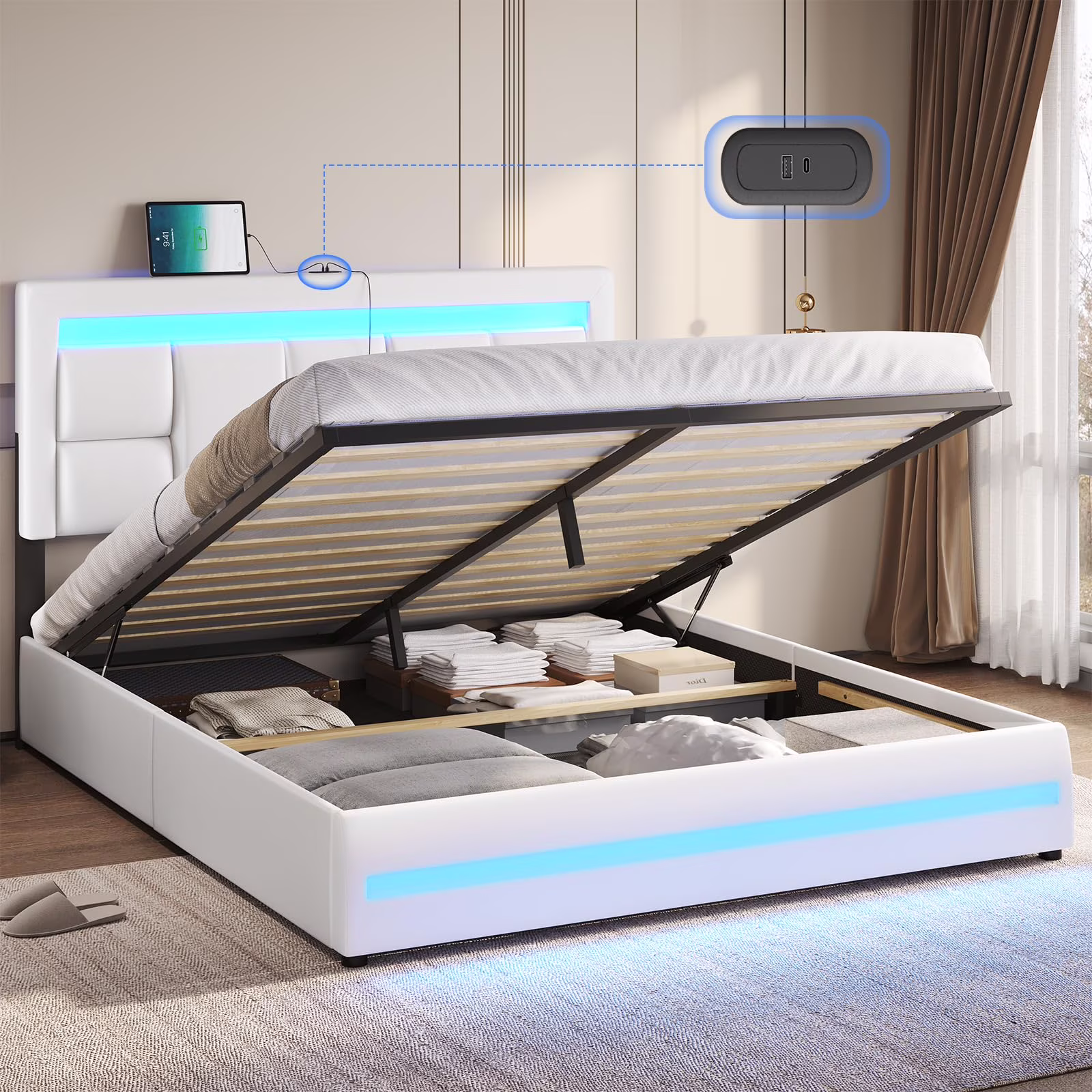 Queen Size Lift Up Storage Bed with USB and Type-C Ports, Upholstered Platform Bed with LED Light Headboard, No Box Spring Needed, White