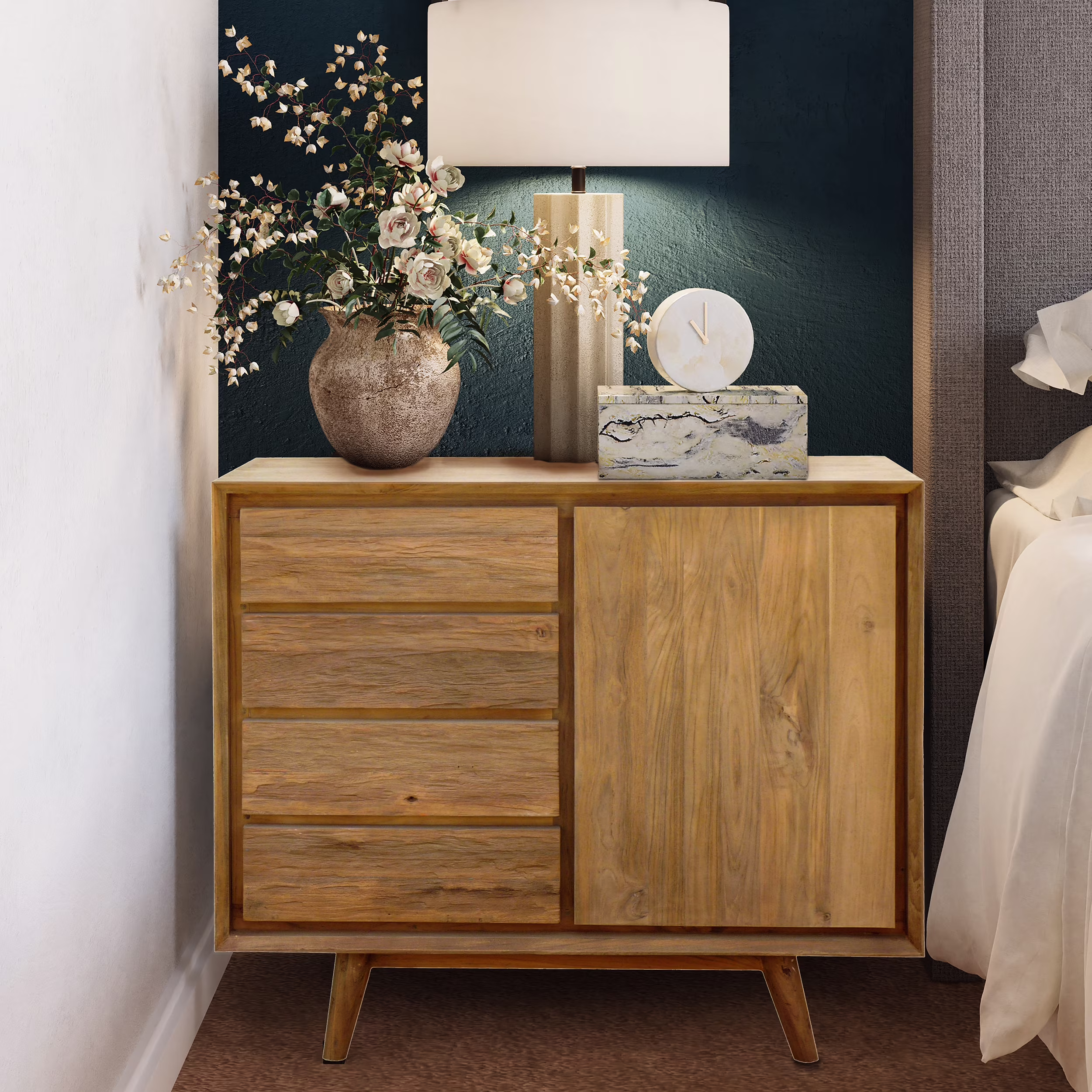 Recycled Teak Wood Wood Retro Chest with 1 Door, 4 Drawers