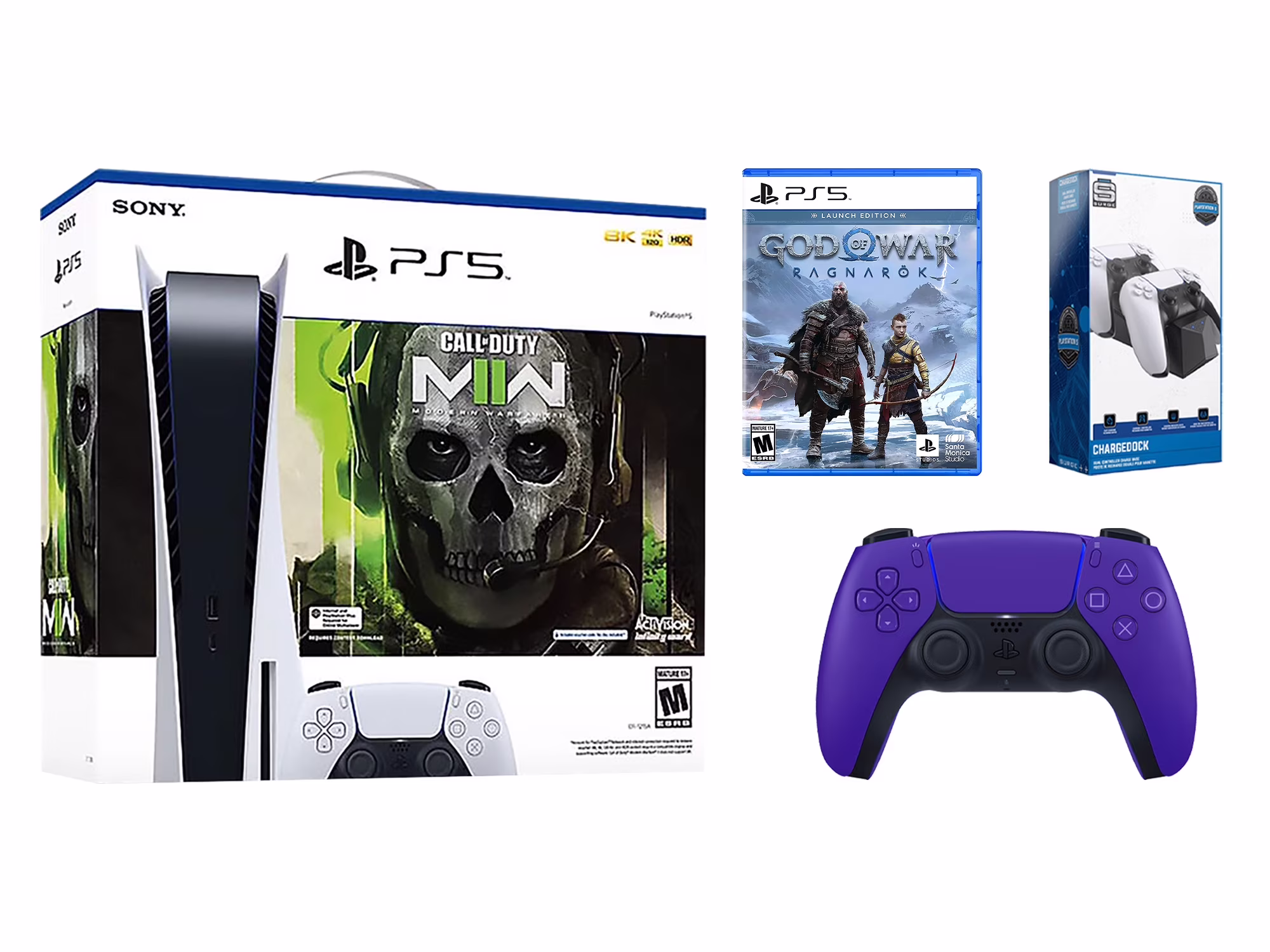 Sony Playstation 5 Disc Edition Call of Duty: Modern Warfare II Bundle with God of War Ragnarök, Dual Charging Dock and Extra Galactic Purple Controller
