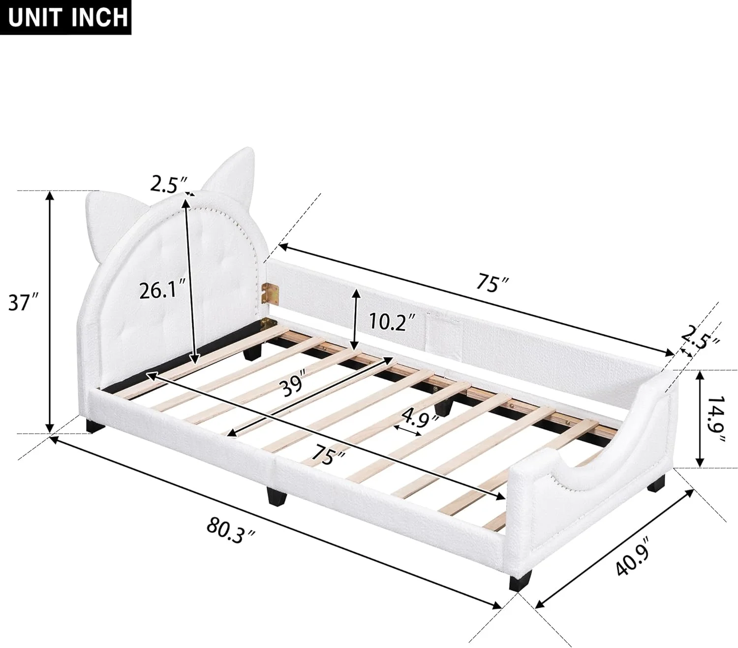 Upholsered Daybed Frame For Kids, eddy Fleece Upholsered Plaform Bed Wih Caro Ears Shaped Headboard, Wood Sofa Bed For Girls Boys ( Size, Whie)