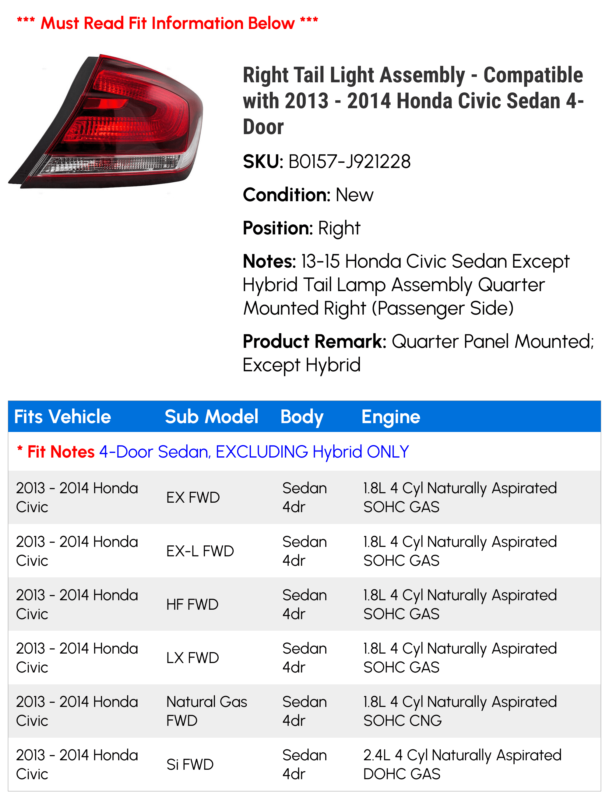 Right Tail Light Assembly - Compatible with 2013 - 2014 Honda Civic Sedan 4-Door