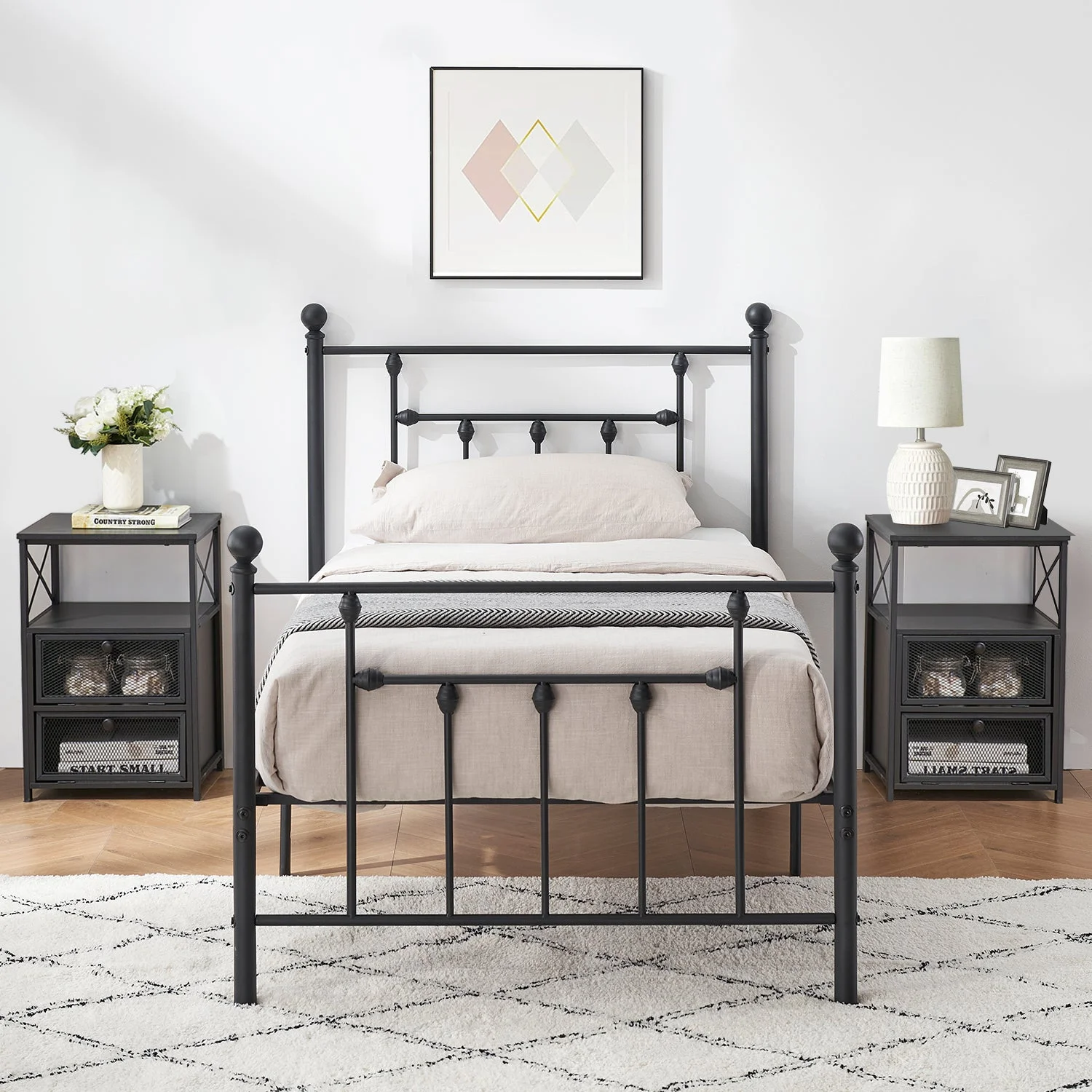 VECELO 3-piece Bedroom Set, Twin Size Metal Platform Bed Frame and 2 Black Nightstands