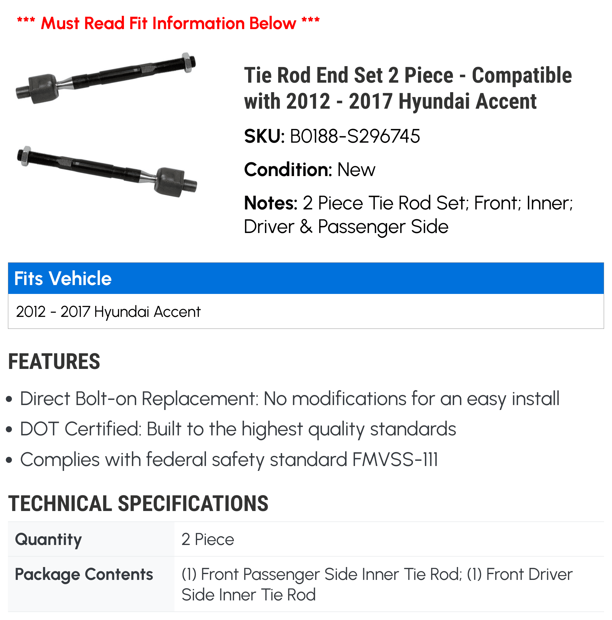 Tie Rod End Set 2 Piece - Compatible with 2012 - 2017 Hyundai Accent 2013 2014 2015 2016