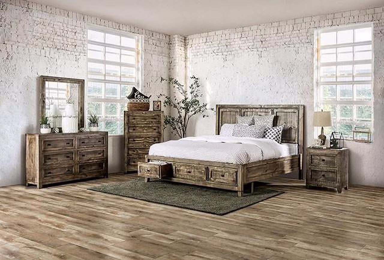 Rustic Ash Brown Solid Wood King Bedroom Set 5pcs FOA EM7074BR Oakridge