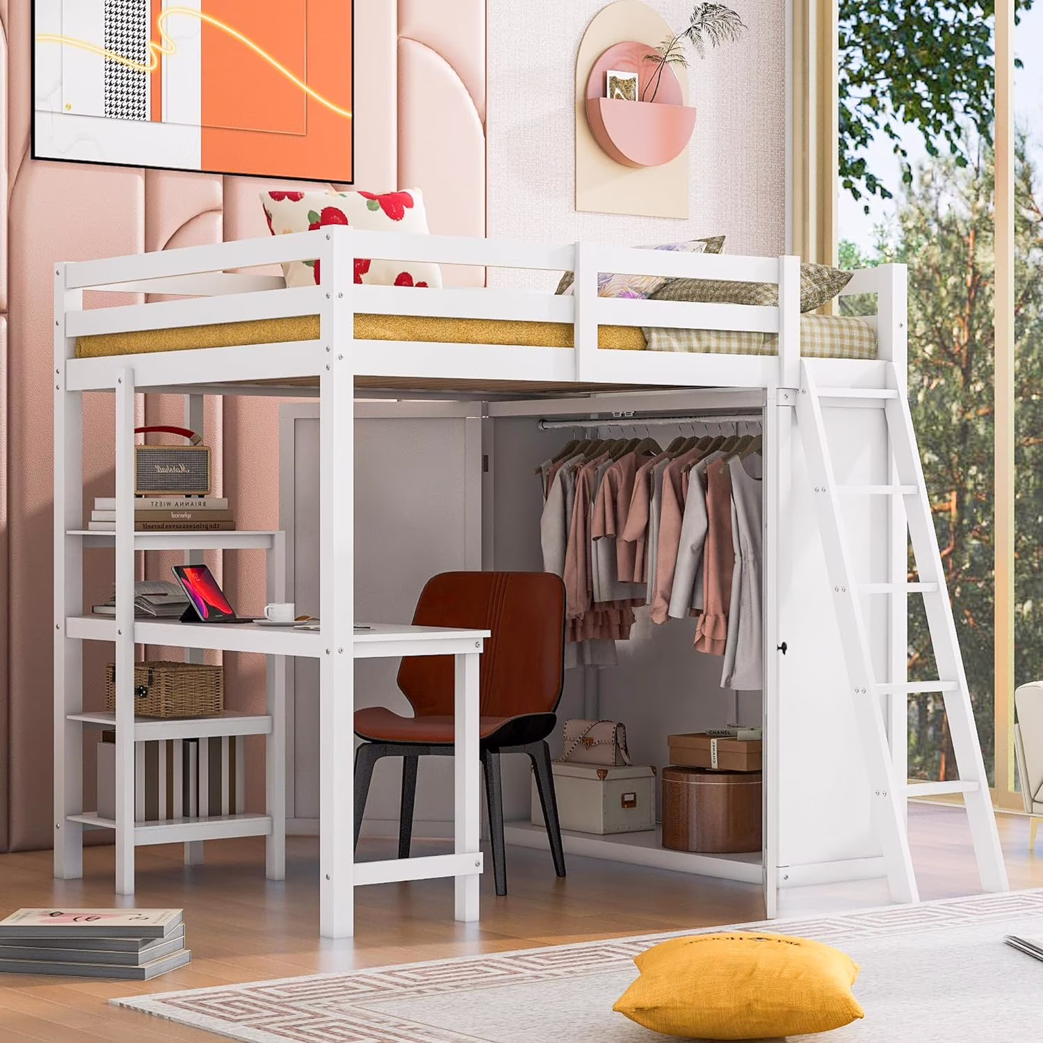 Full Size Loft Bed With Storage Wardrobe, Wood Loft Bed With Desk And Shelves, High Loft Bed Frame With Ladder For Kids Teens Boys Girls, White