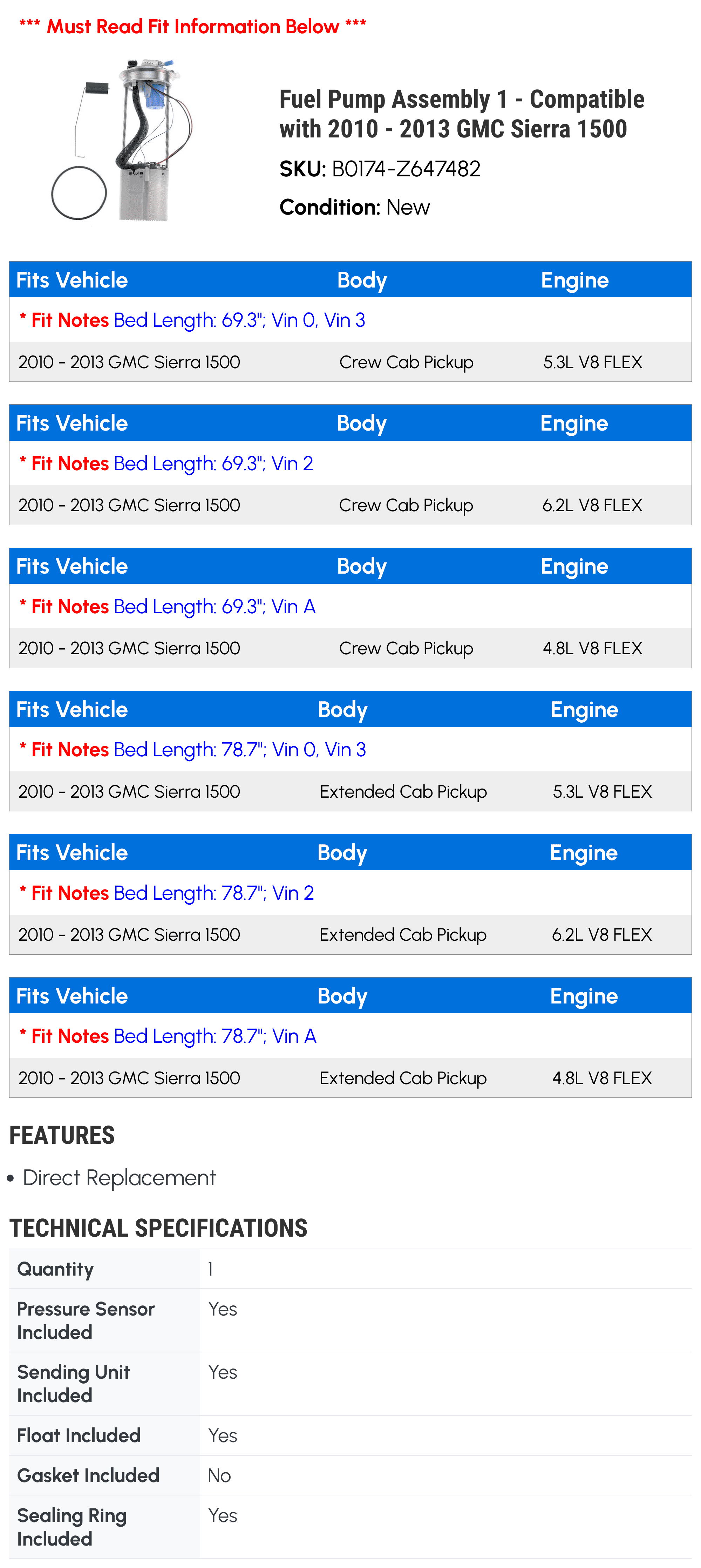 Fuel Pump Assembly 1 - Compatible with 2010 - 2013 GMC Sierra 1500 2011 2012
